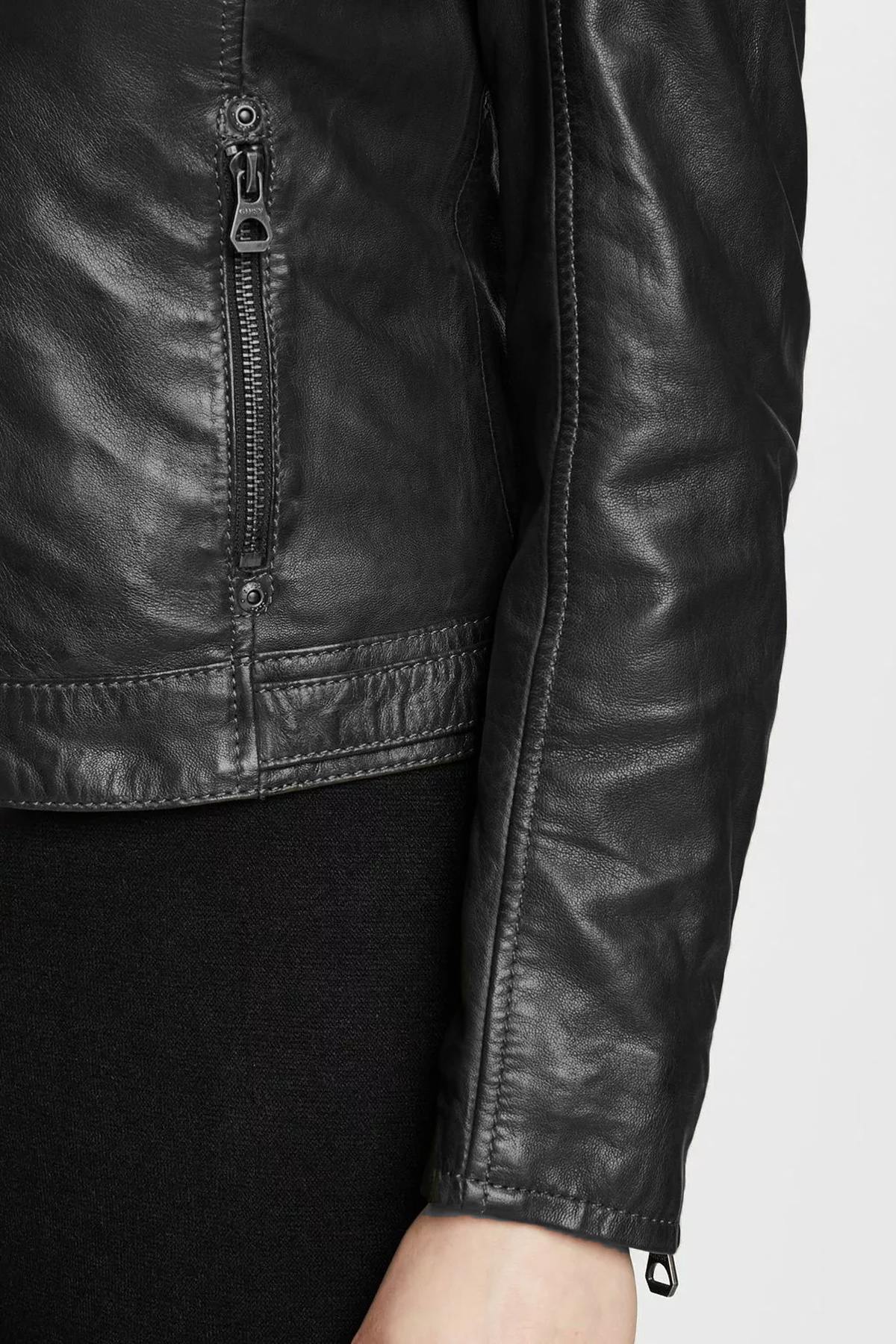 Short black lambskin leather jacket with hood - Image n°3