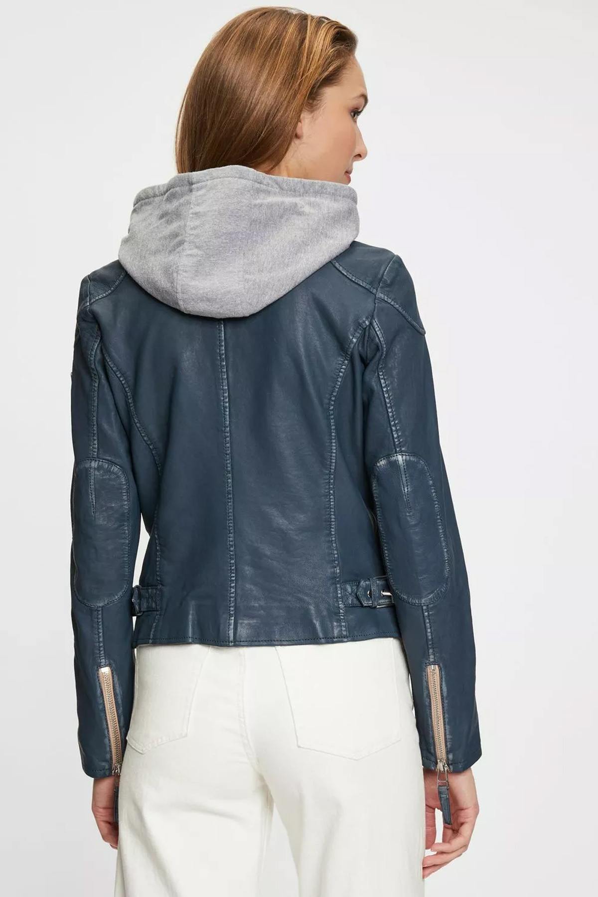 Blue leather jacket with removable hood - Image n°3