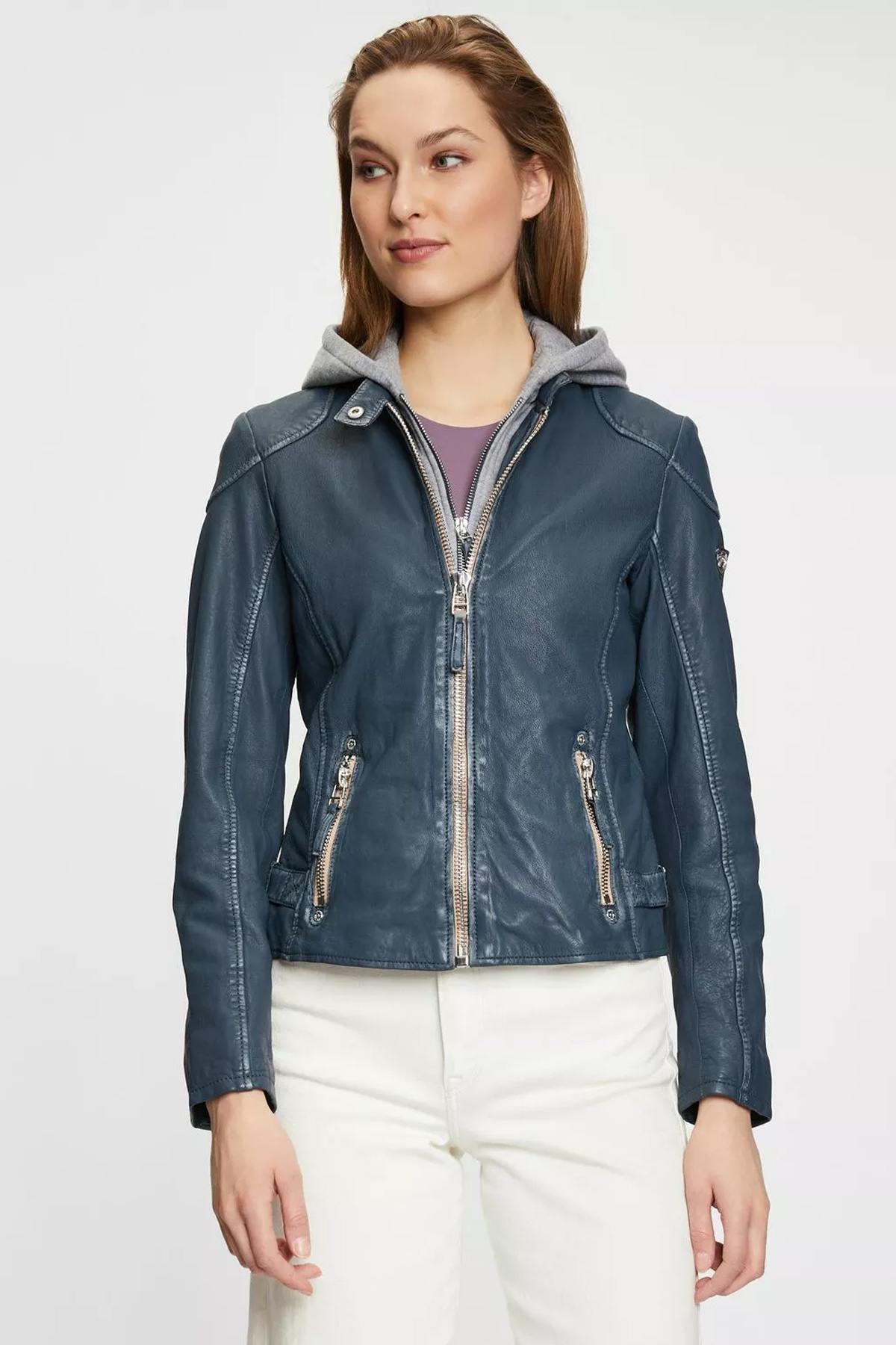 Blue leather jacket with removable hood - Image n°1