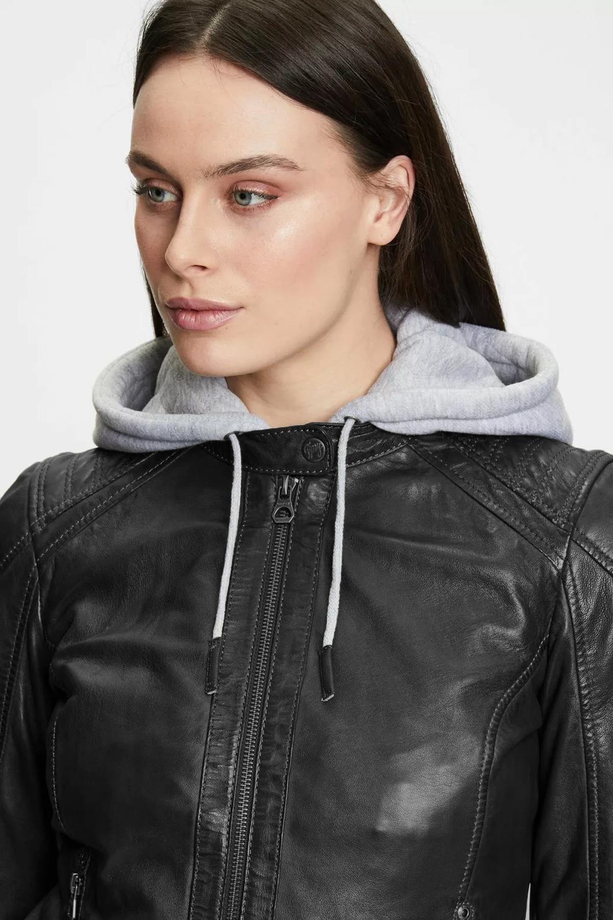 Short black lambskin leather jacket with hood - Image n°4