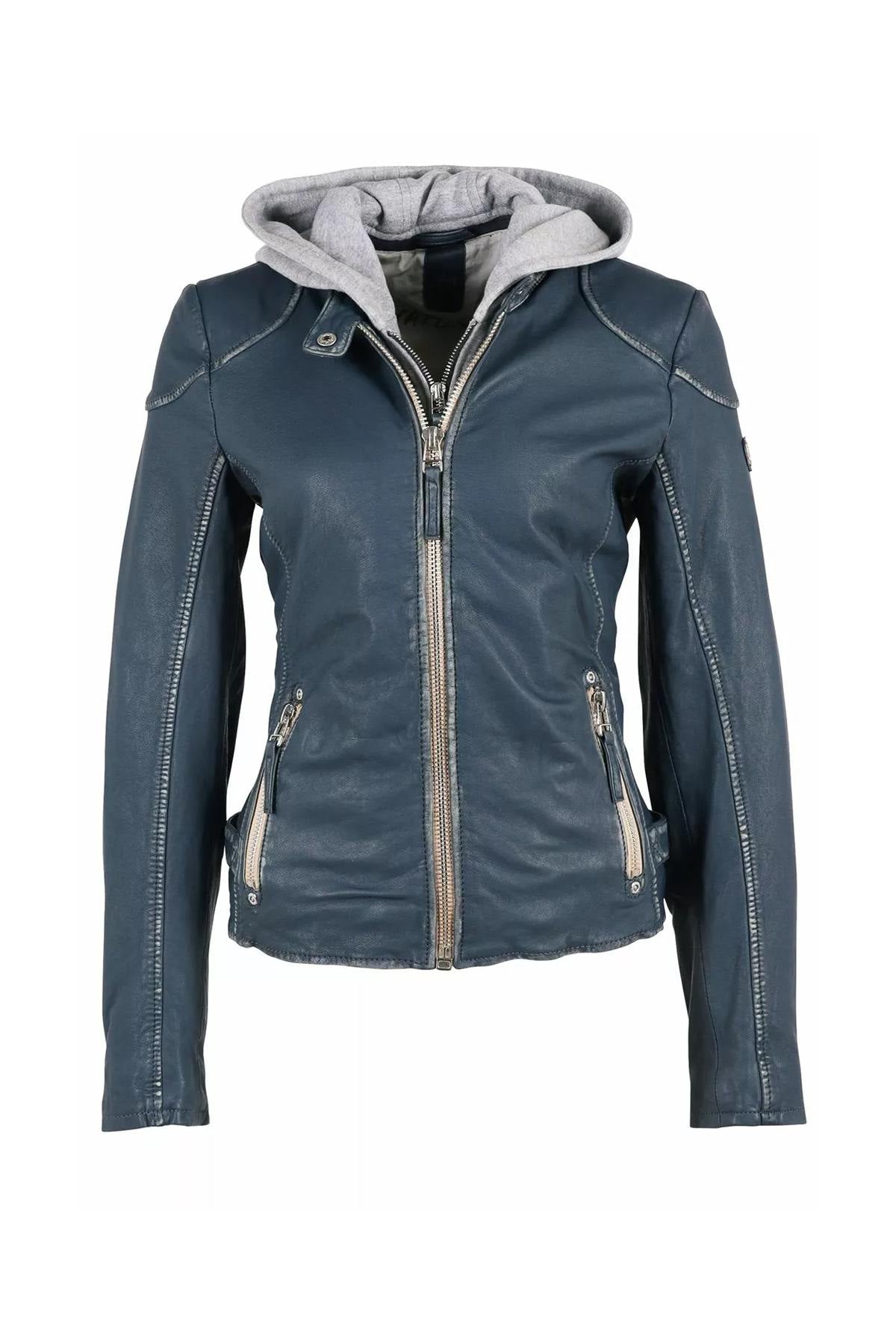 Blue leather jacket with removable hood - Image n°6