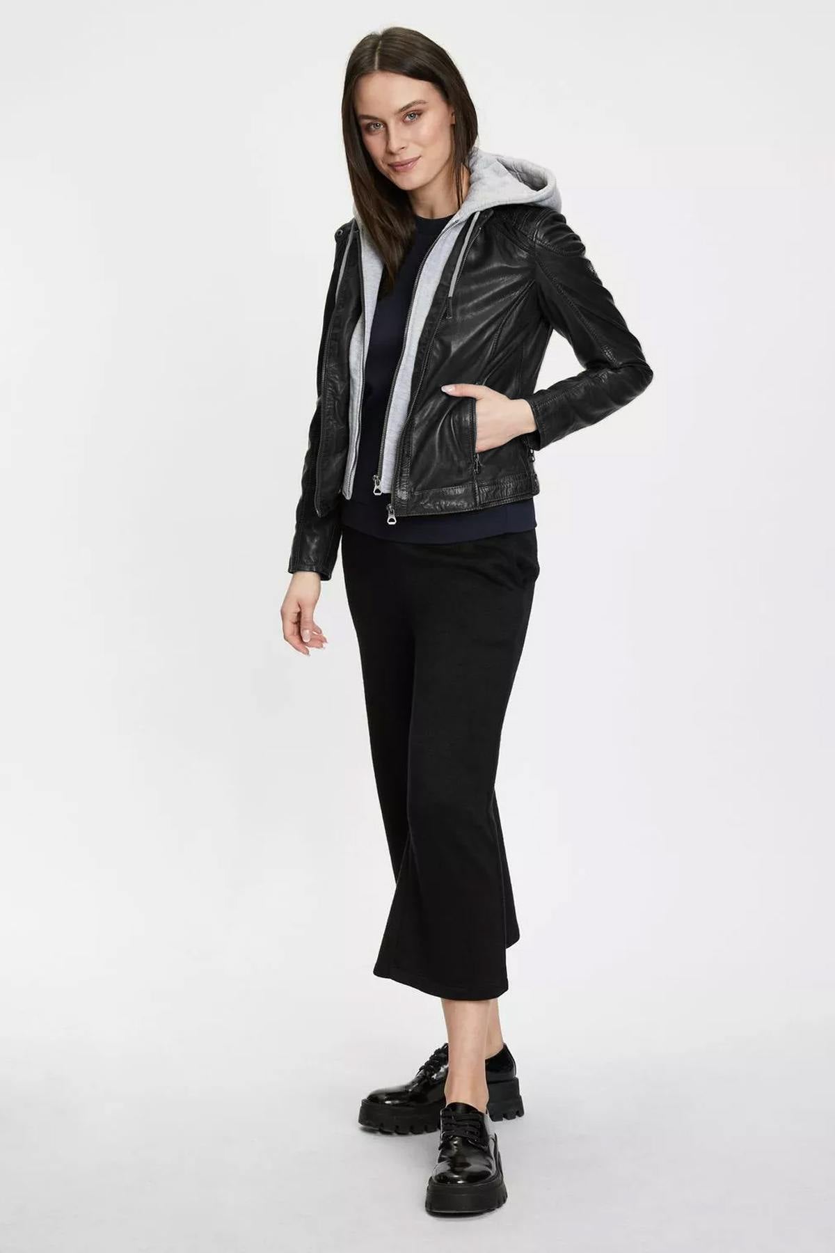 Short black lambskin leather jacket with hood - Image n°5