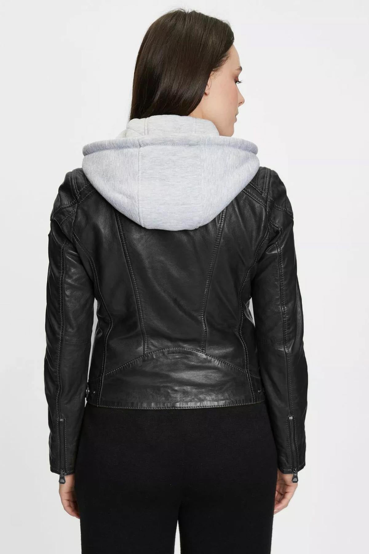 Short black lambskin leather jacket with hood - Image n°6