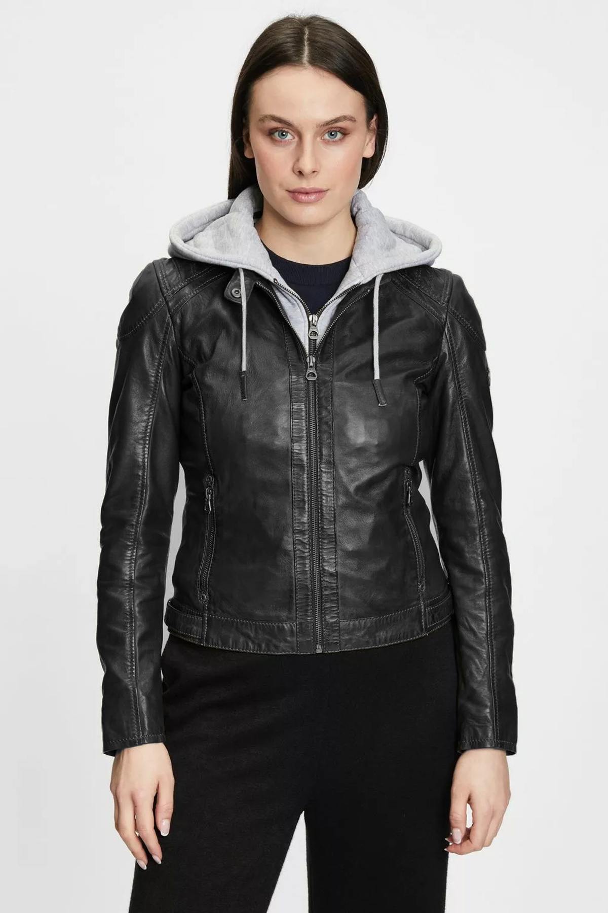 Short black lambskin leather jacket with hood - Image n°1