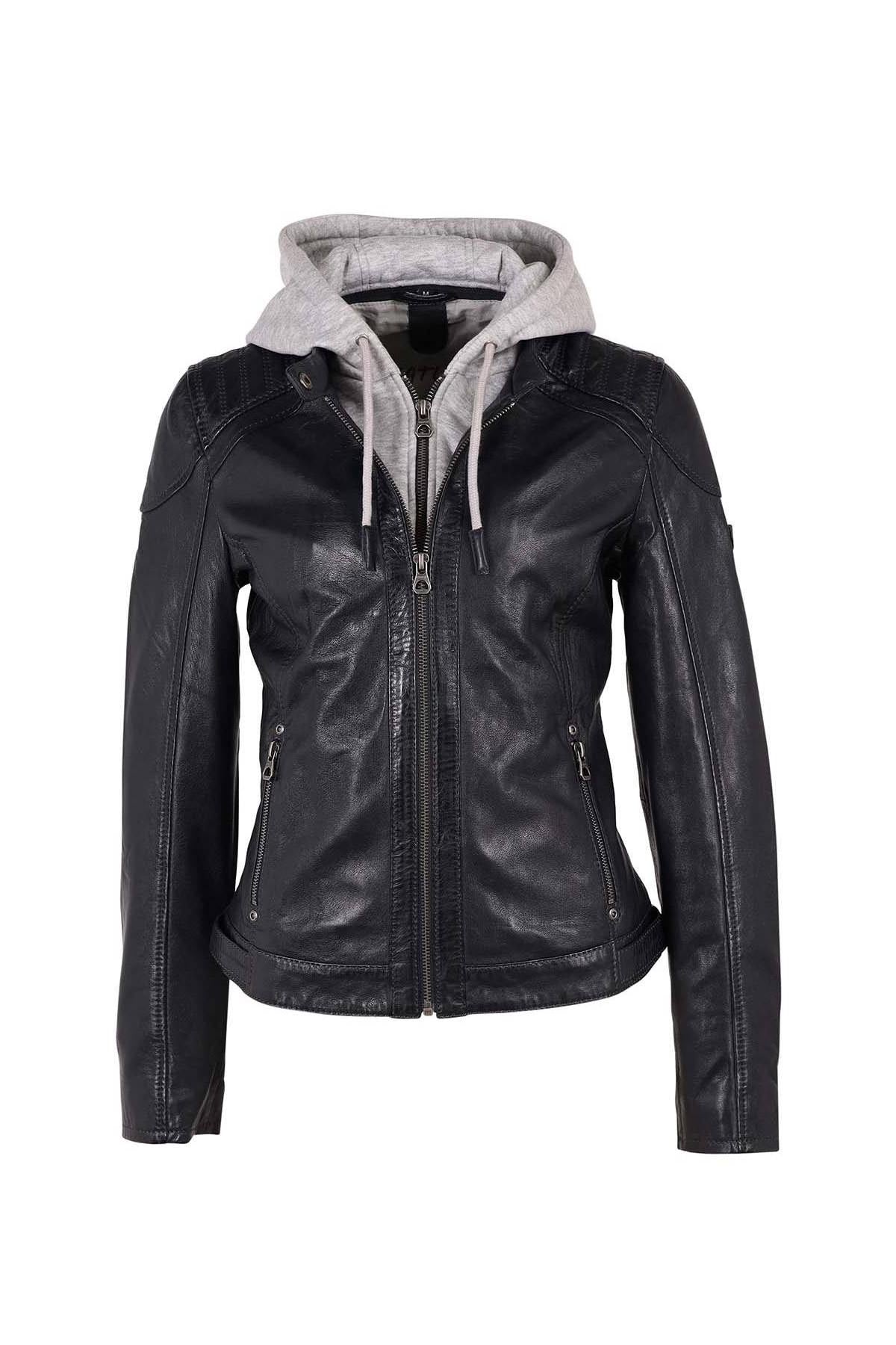 Short black lambskin leather jacket with hood - Image n°7