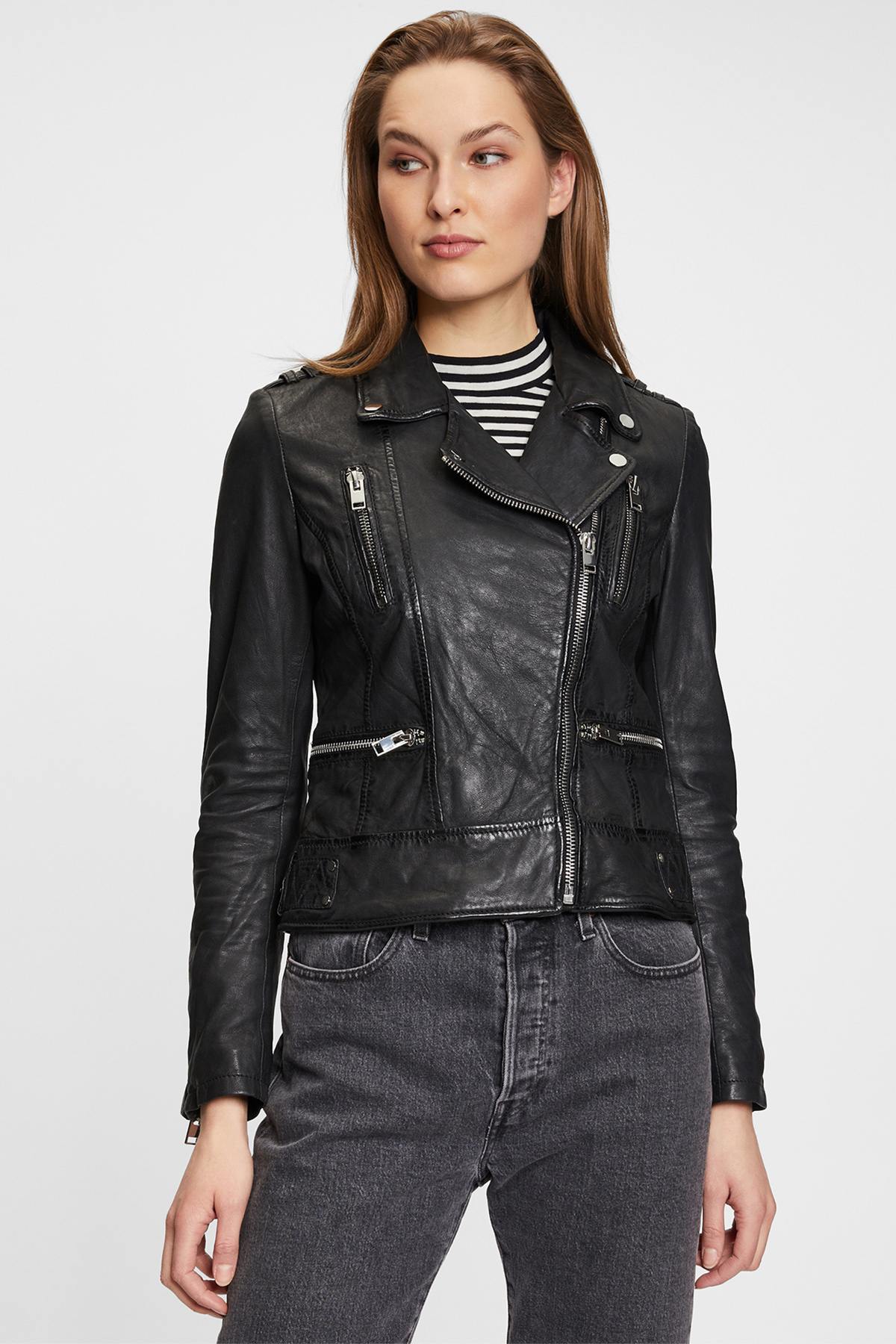 Women's black leather biker jacket - Image n°1