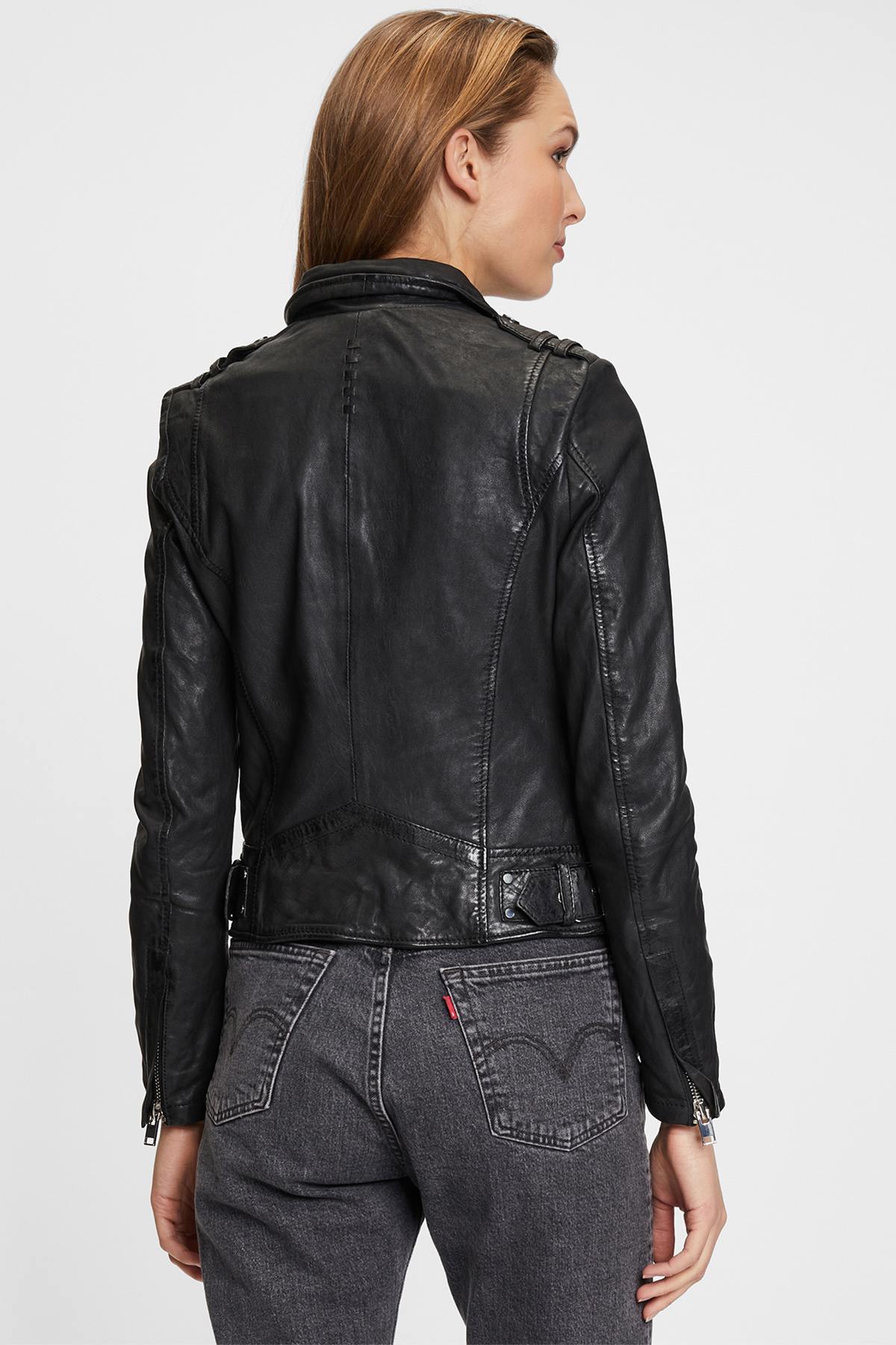 Women's black leather biker jacket - Image n°3