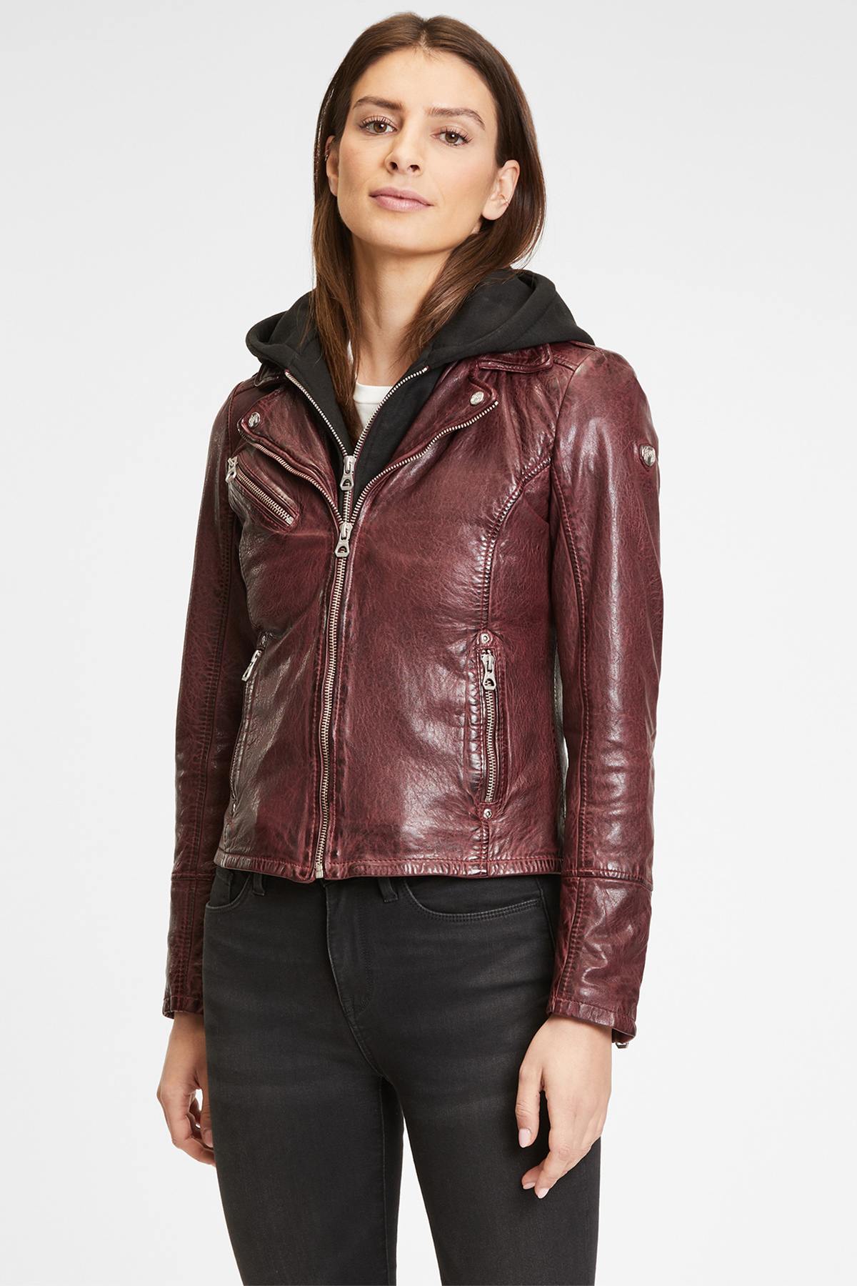 Burgundy leather perfecto with removable hood - Image n°1