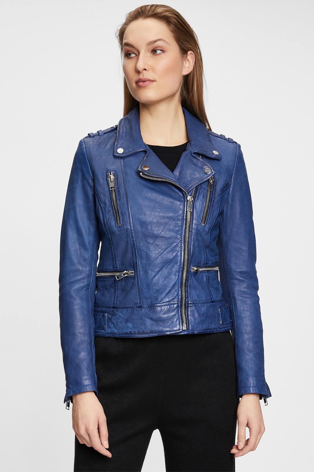 Perfecto style jacket in blue vegetable lambskin - Image n°1