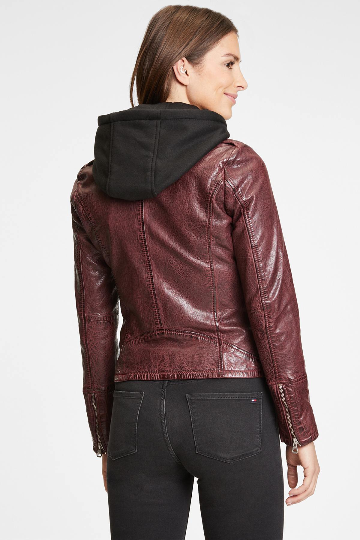 Burgundy leather perfecto with removable hood - Image n°3