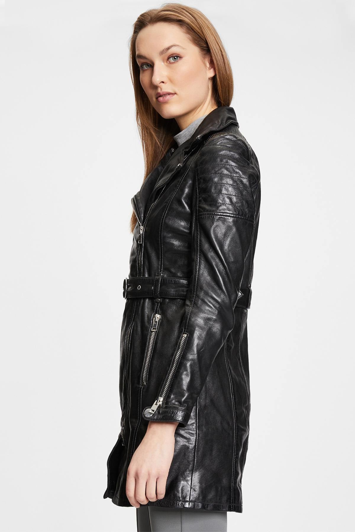 Belted black leather coat - Image n°4