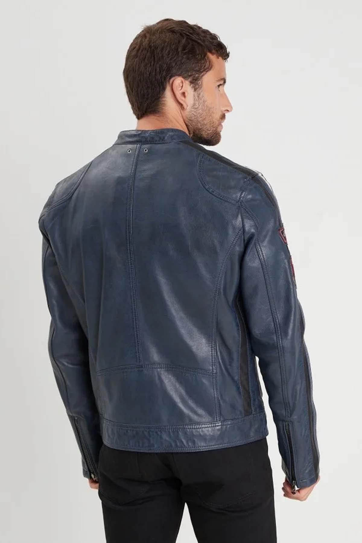 Jacket inspired by vintage car racing in blue leather - Image n°3