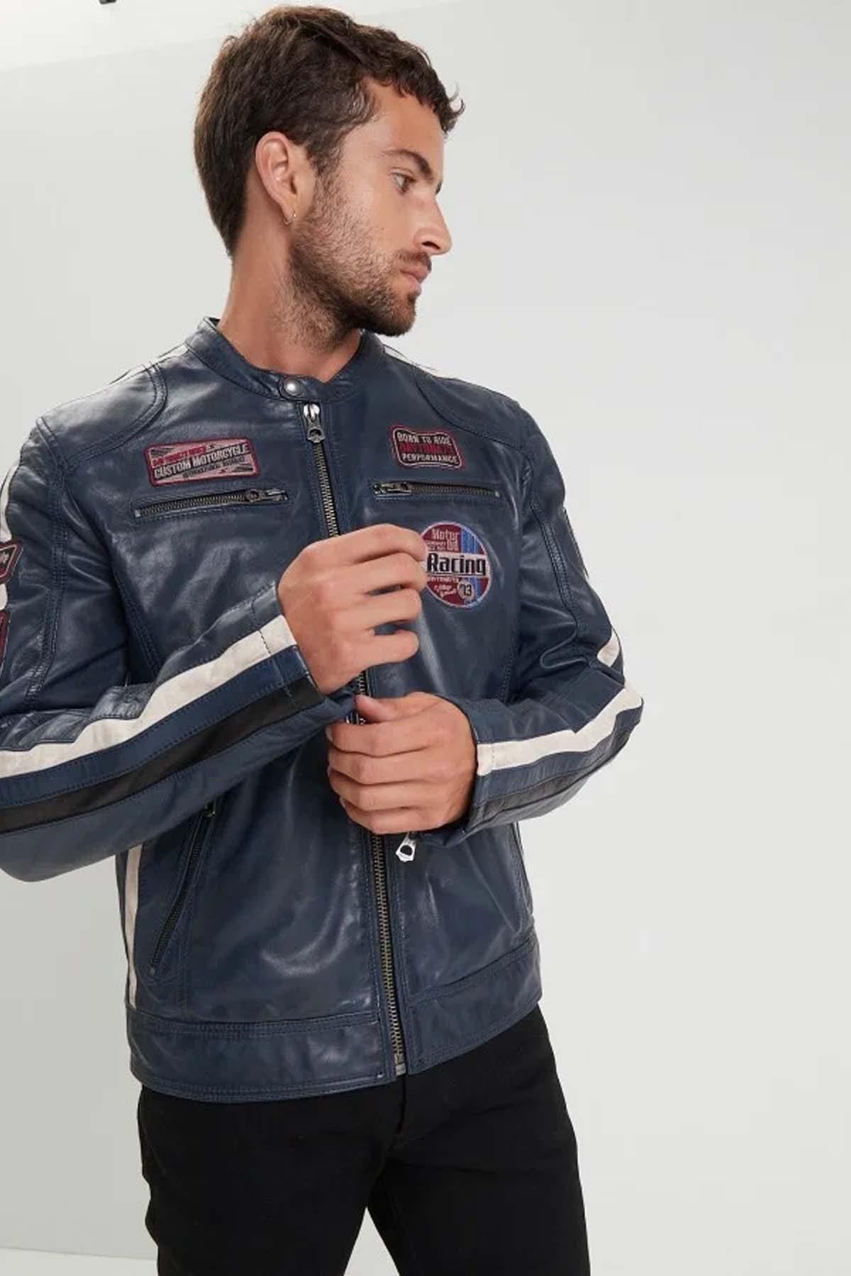 Jacket inspired by vintage car racing in blue leather - Image n°2