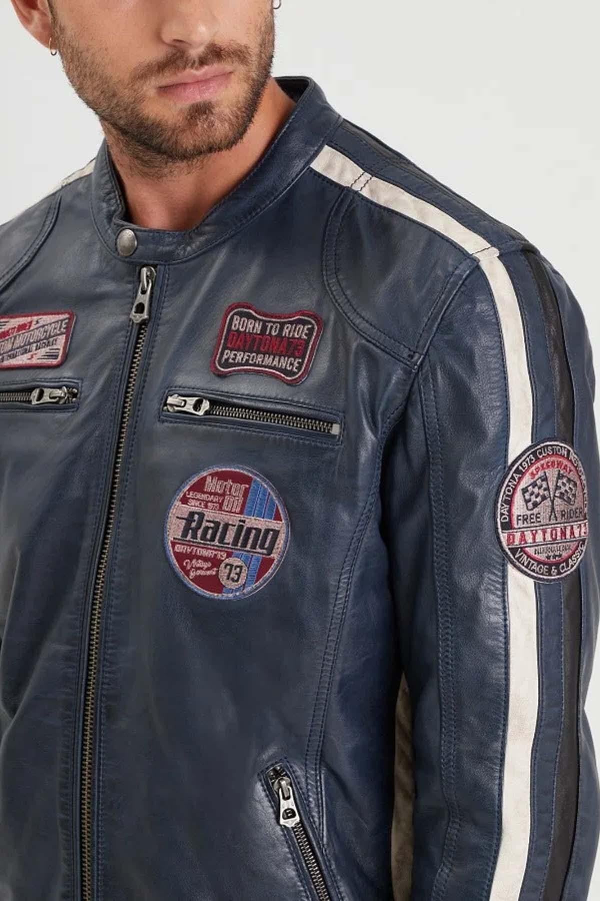 Jacket inspired by vintage car racing in blue leather - Image n°4