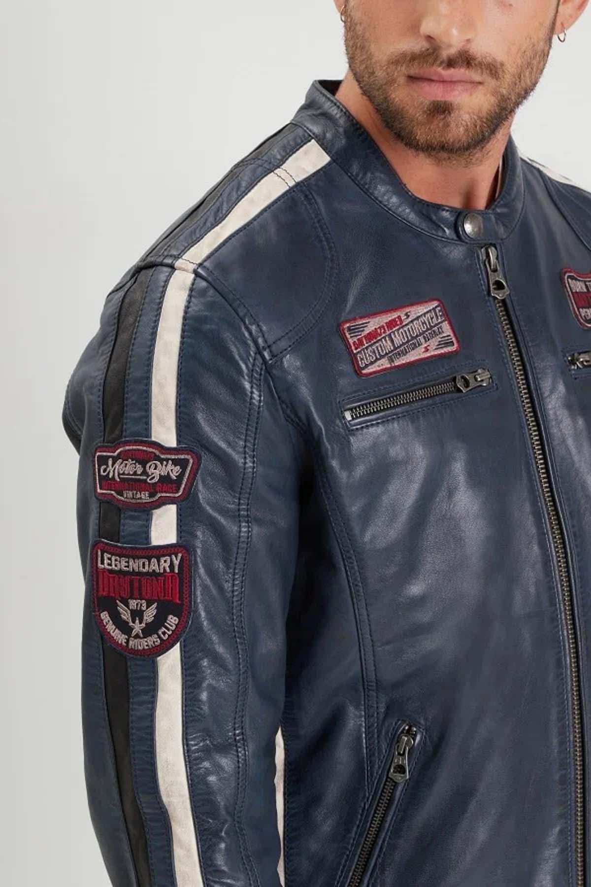 Jacket inspired by vintage car racing in blue leather - Image n°5