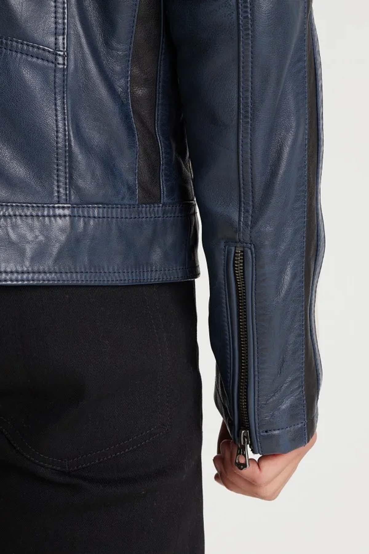 Jacket inspired by vintage car racing in blue leather - Image n°6