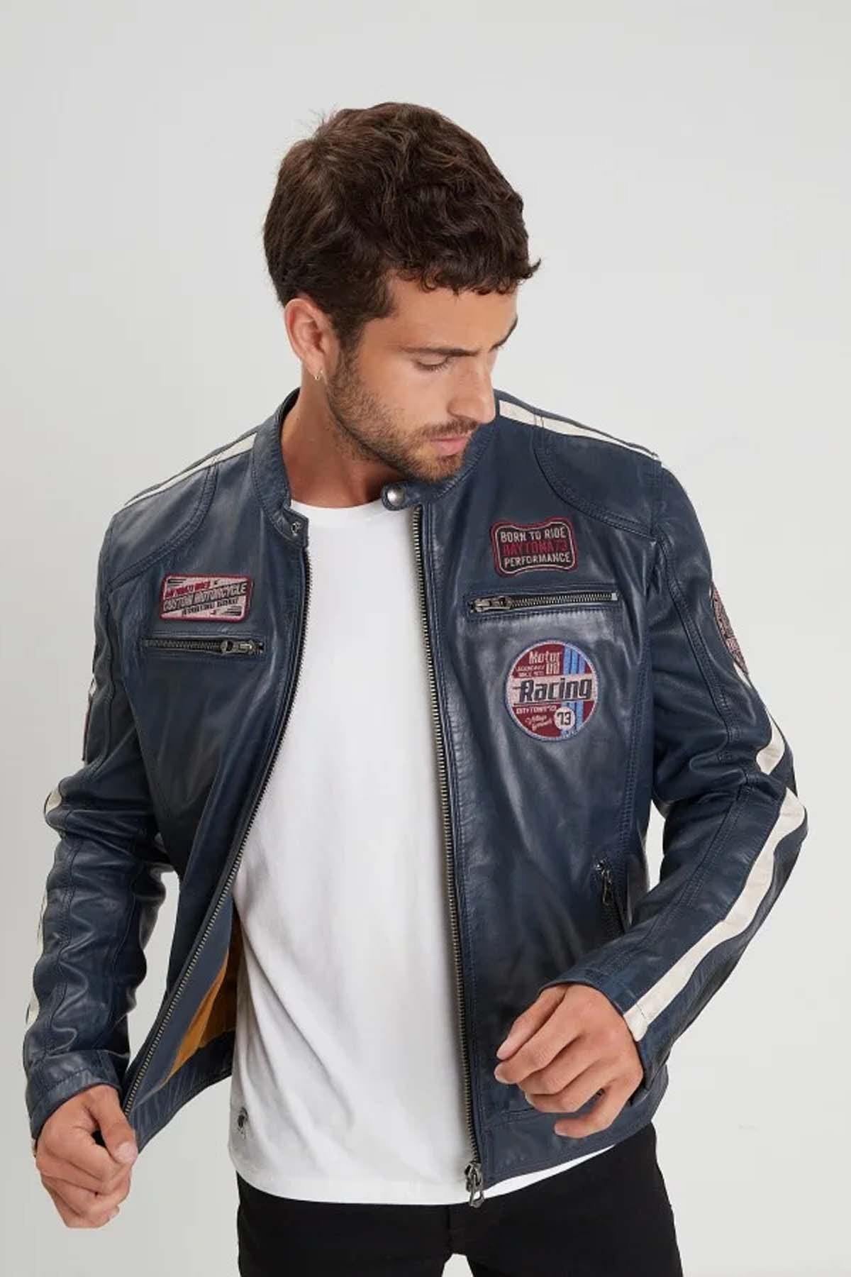 Jacket inspired by vintage car racing in blue leather - Image n°1