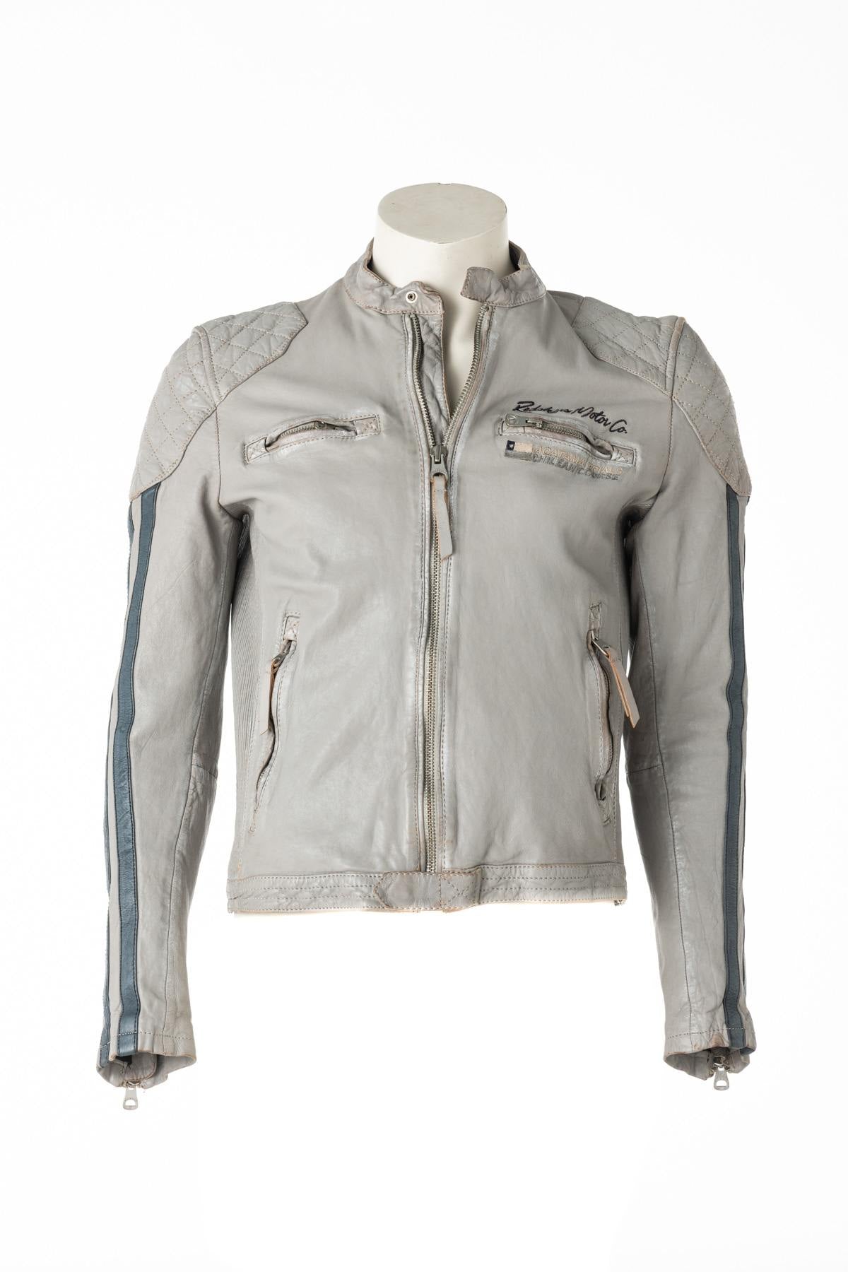 Men's gray leather racing jacket - Image n°1