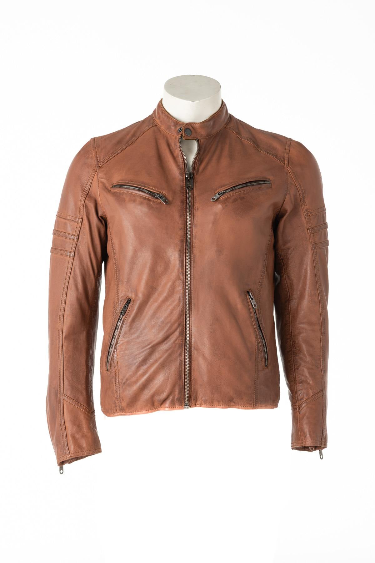 Trendy cognac biker collar jacket - Image n°1