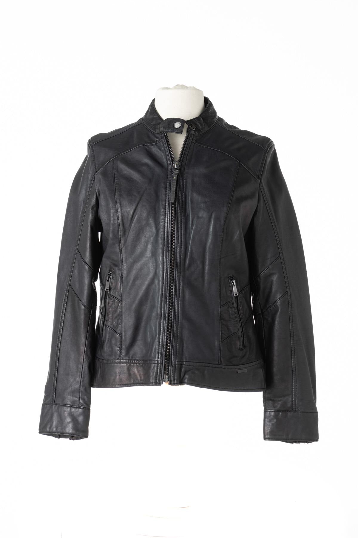  Women's navy blue leather jacket - Image n°1