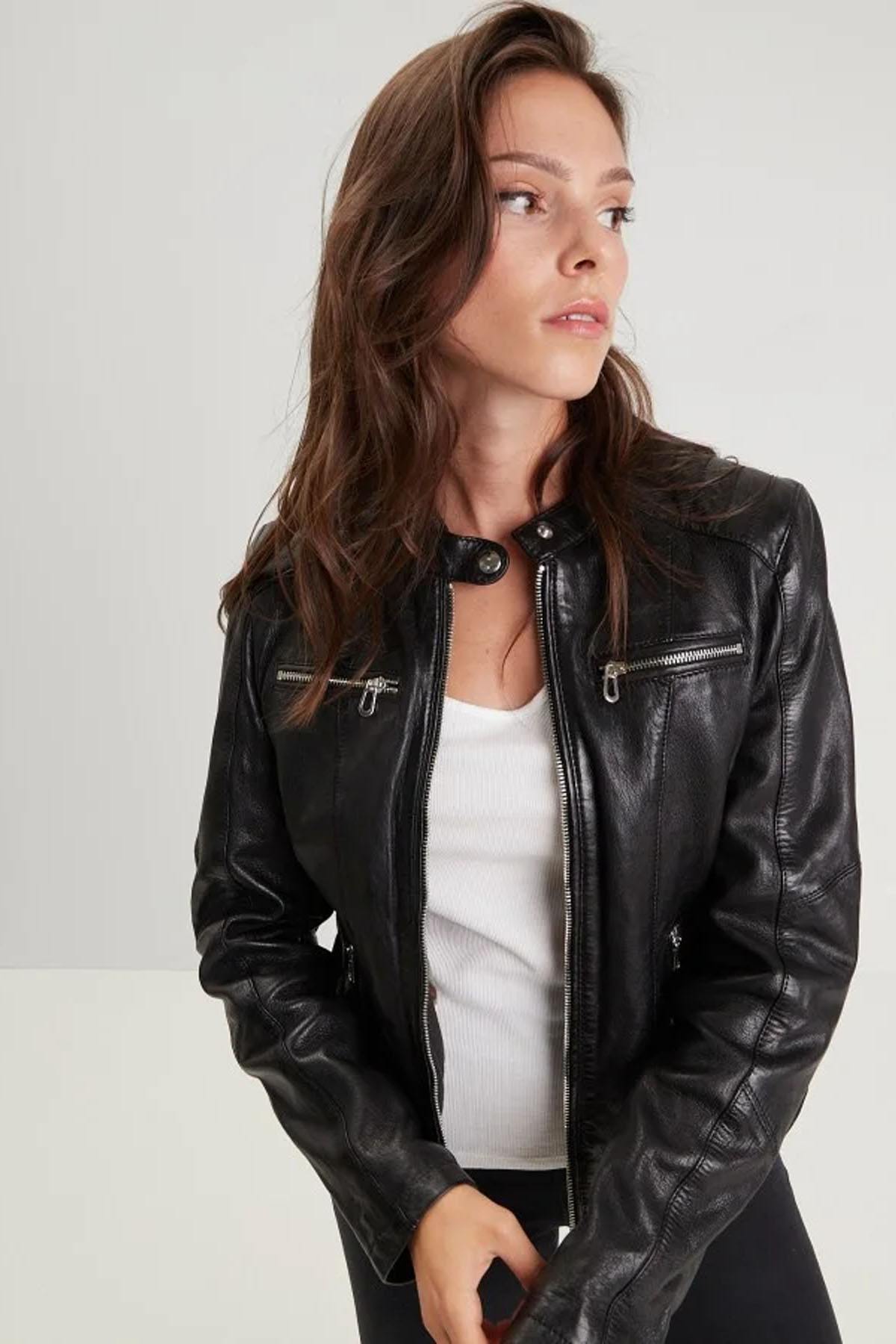 Black lambskin leather biker collar jacket - Image n°1