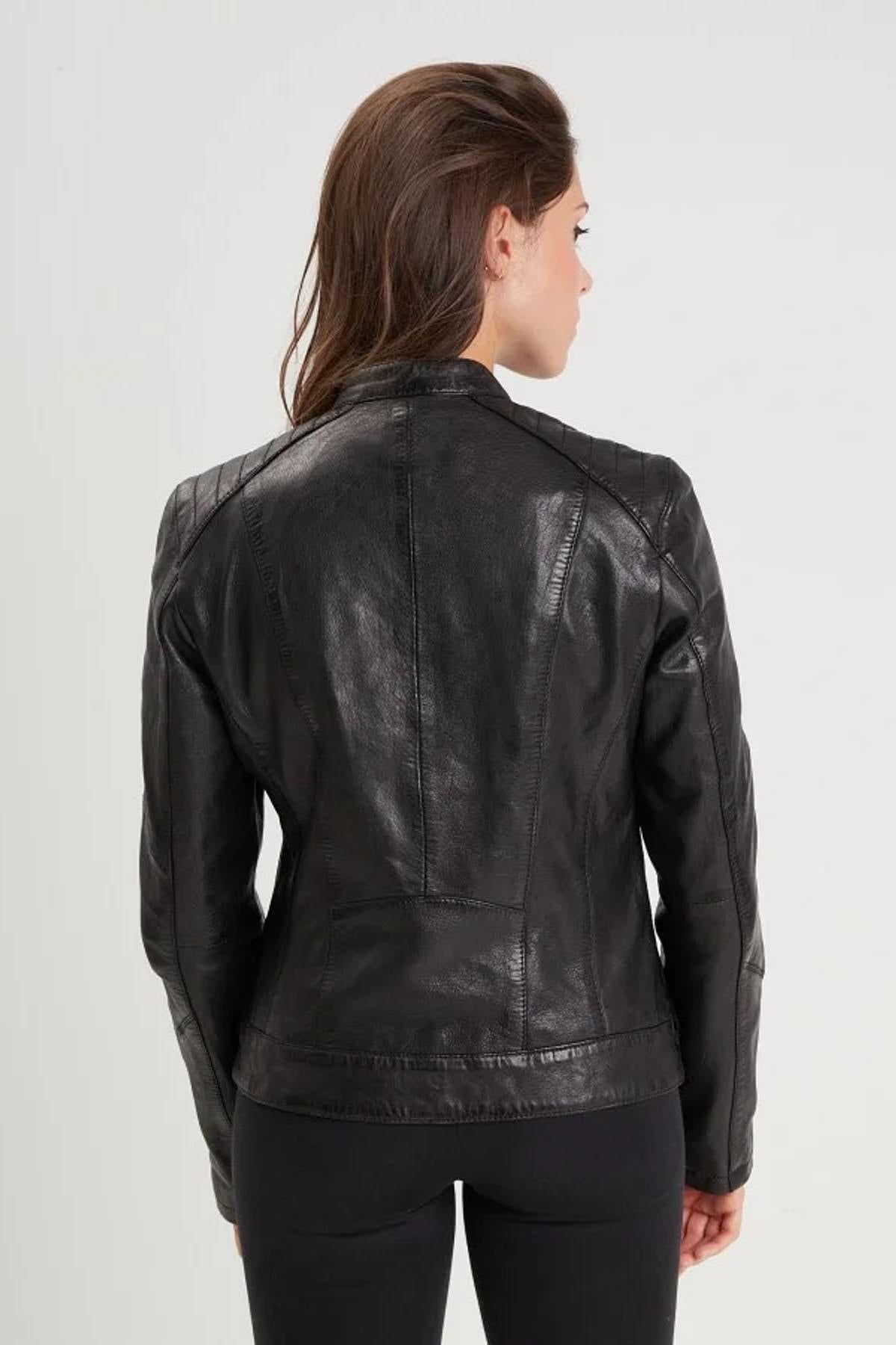 Black lambskin leather biker collar jacket - Image n°3