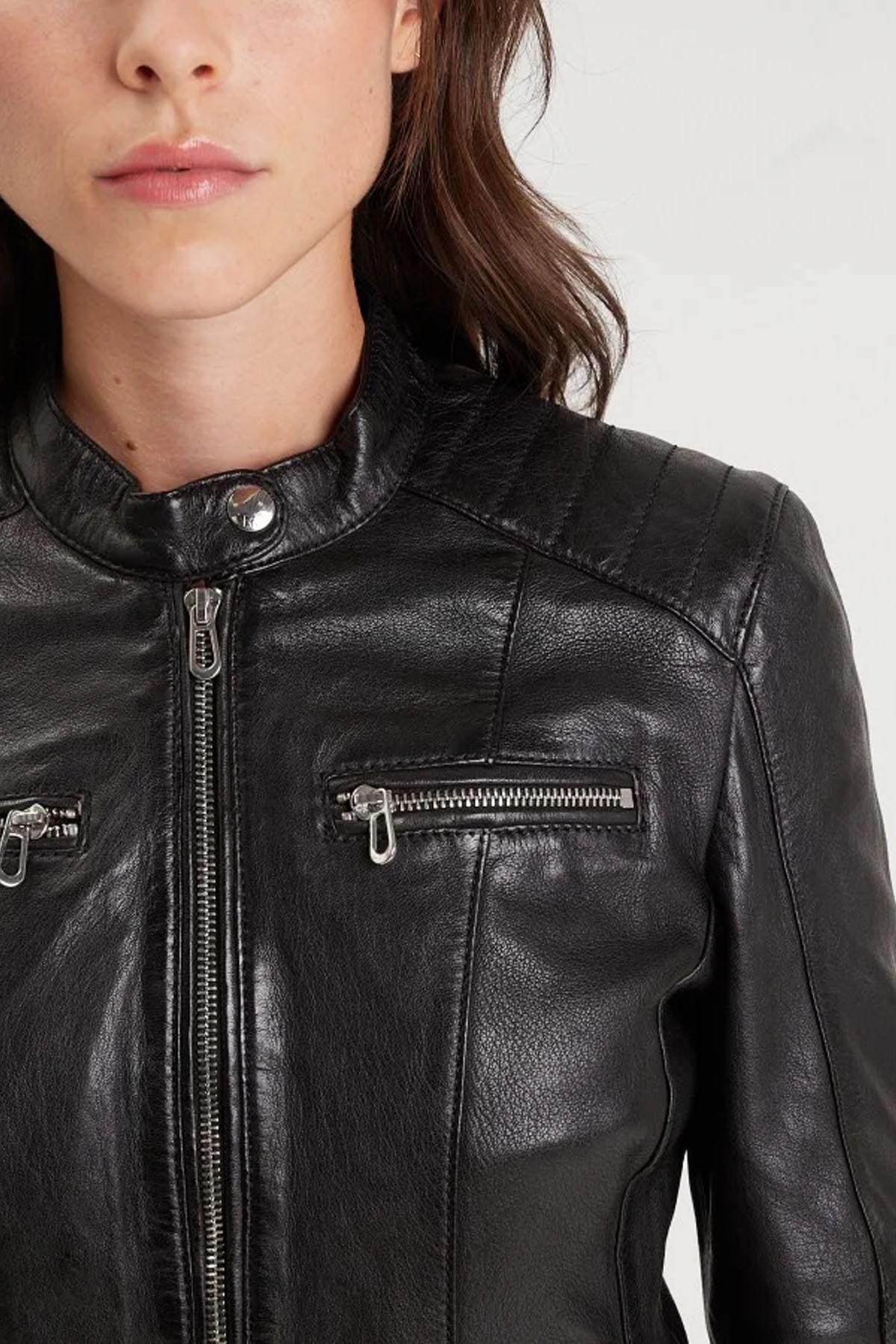 Black lambskin leather biker collar jacket - Image n°4