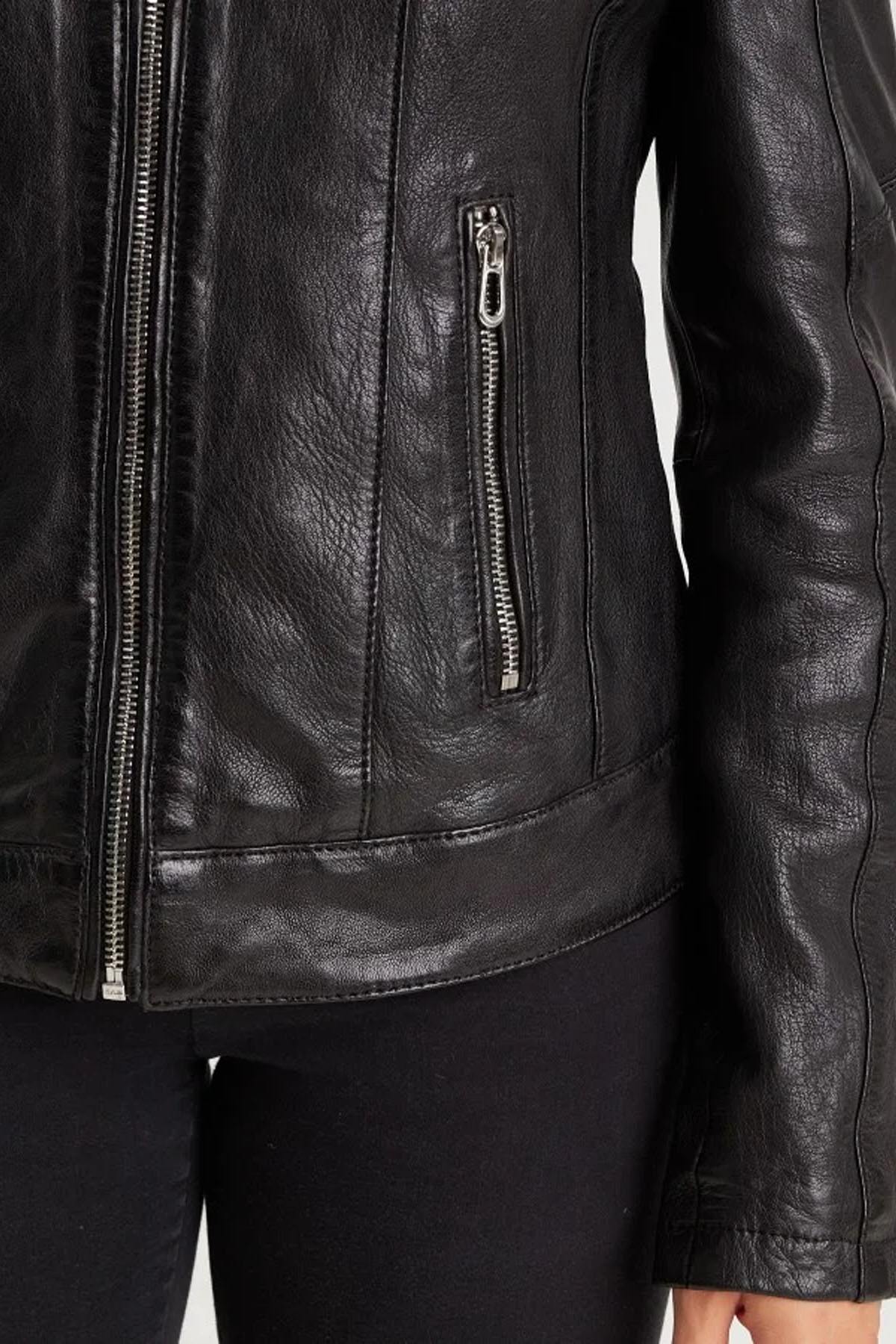 Black lambskin leather biker collar jacket - Image n°5