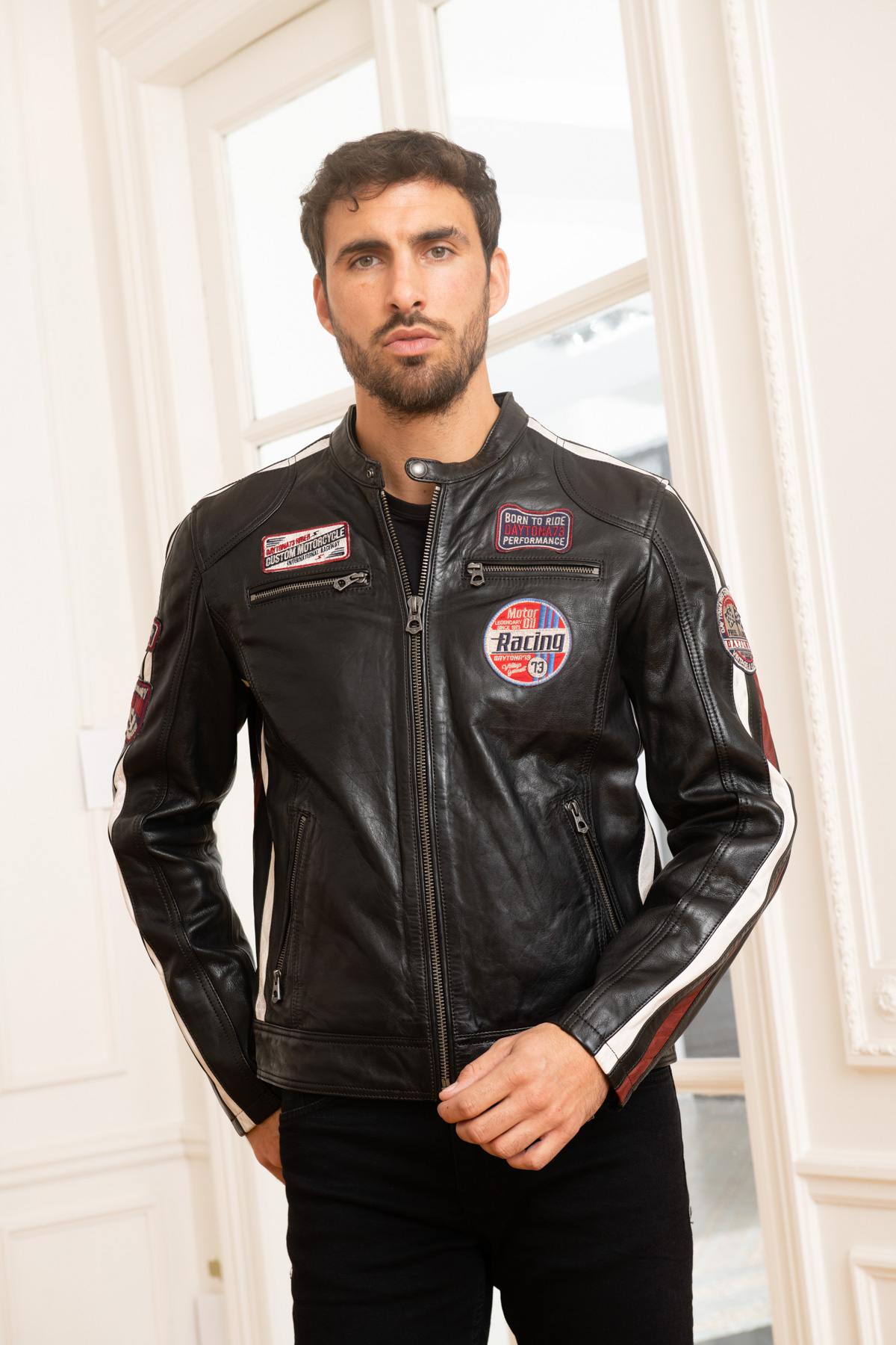 Black sheepskin leather racer jacket - Image n°3