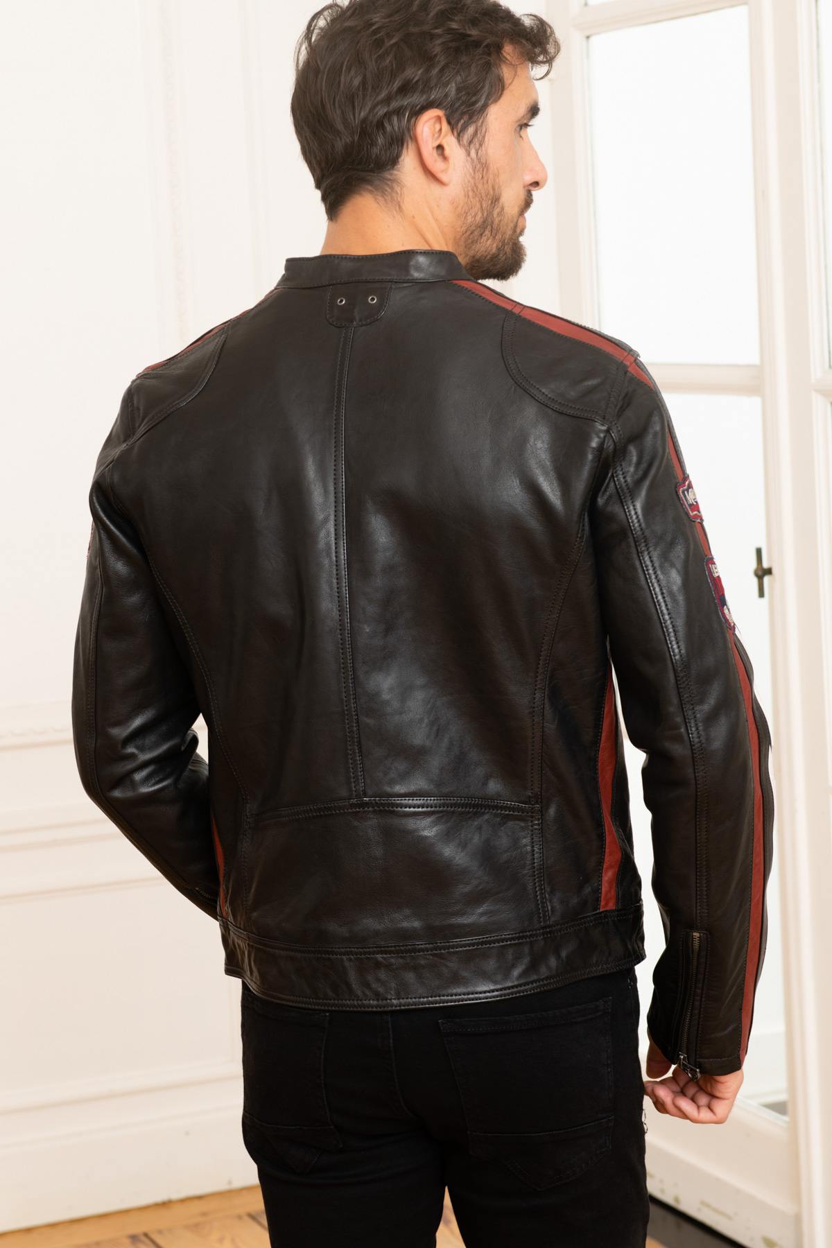 Black sheepskin leather racer jacket - Image n°5