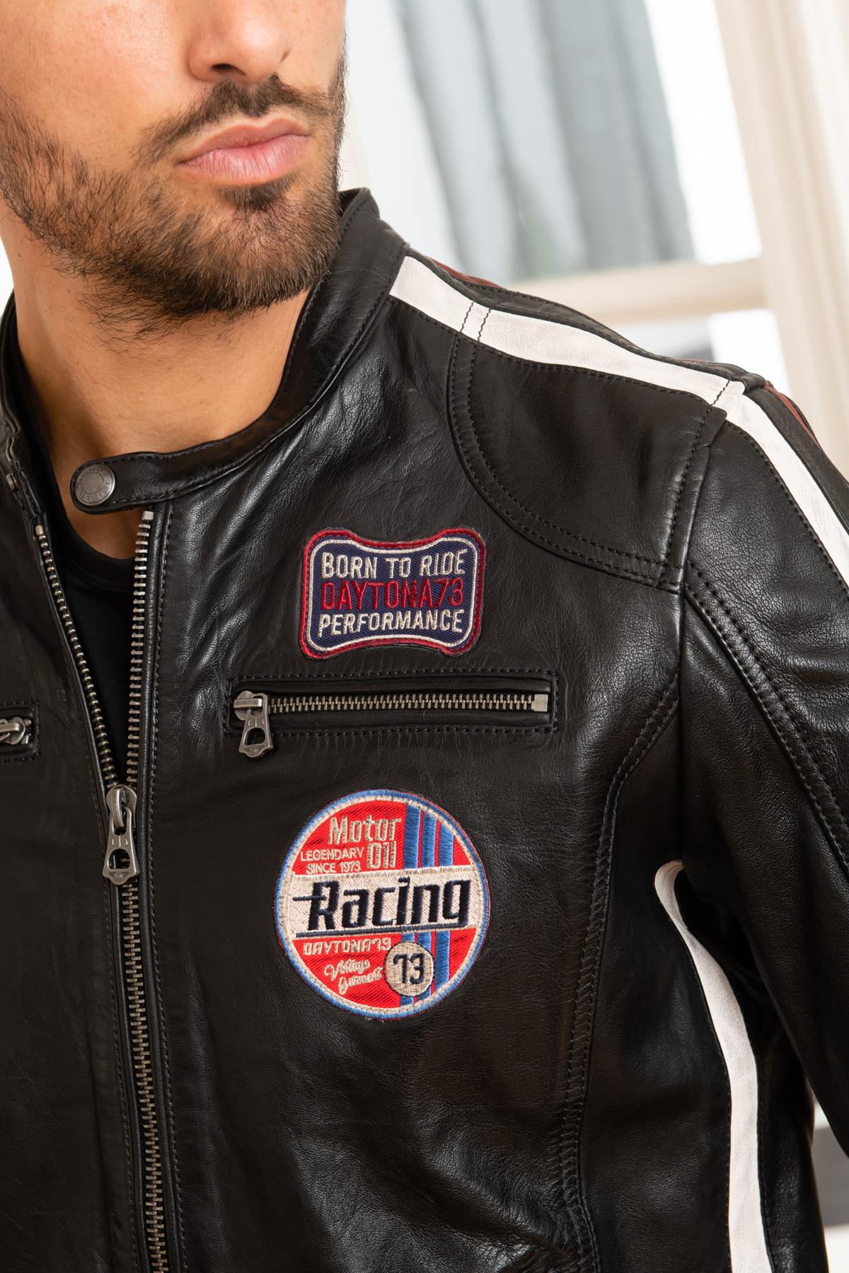 Black sheepskin leather racer jacket - Image n°6