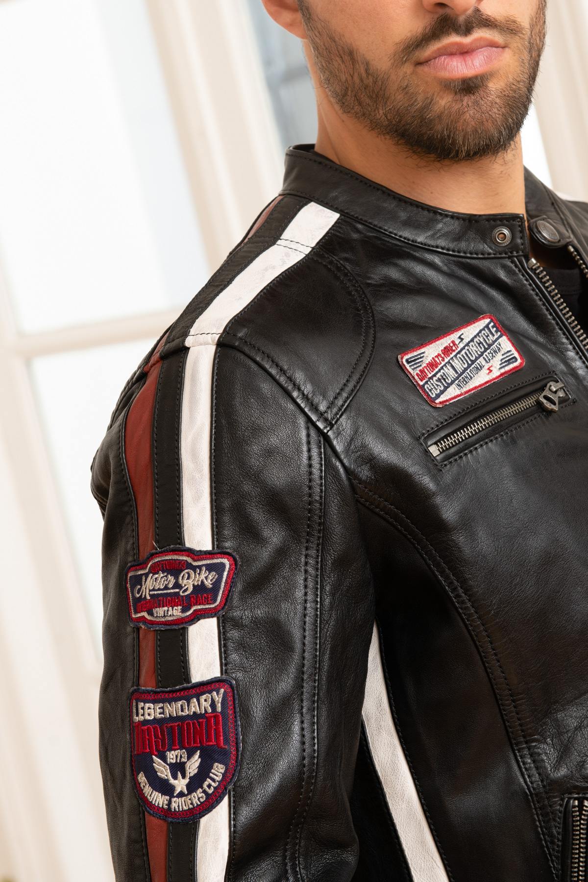 Black sheepskin leather racer jacket - Image n°7