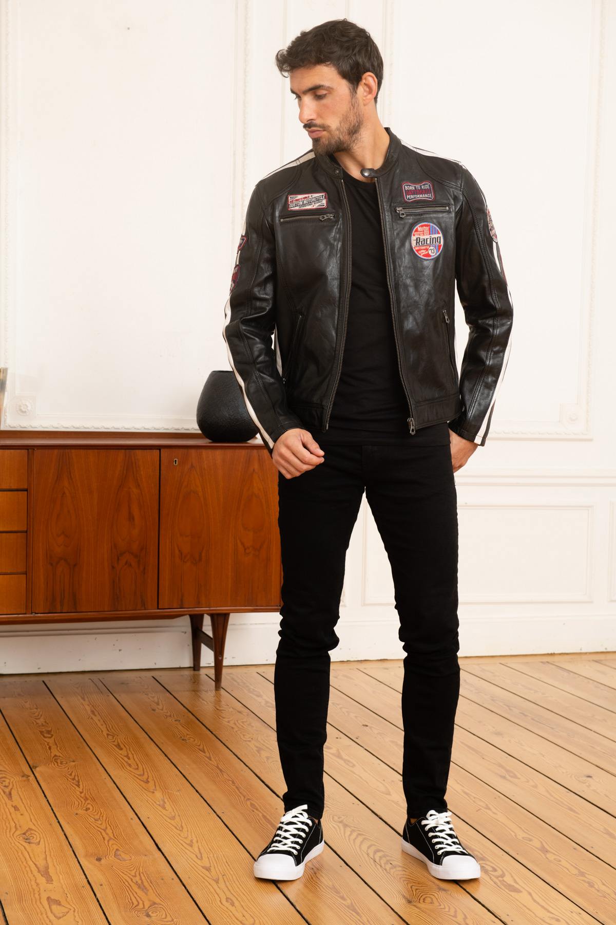 Black sheepskin leather racer jacket - Image n°2