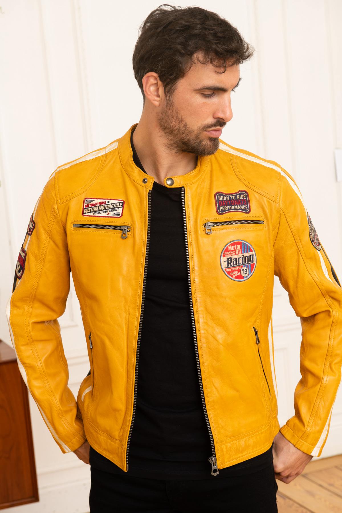 Men's yellow racing sport leather jacket - Image n°1