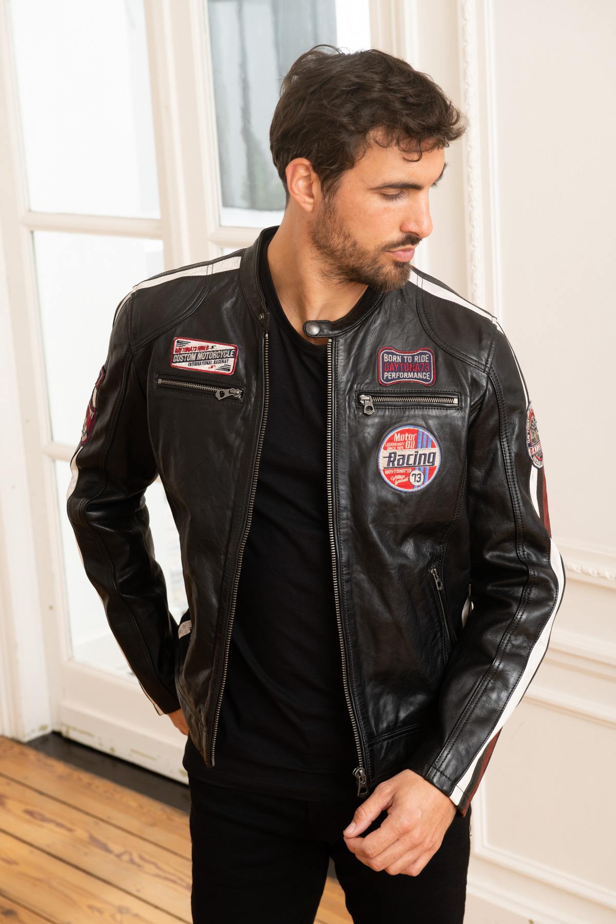 Black sheepskin leather racer jacket - Image n°1