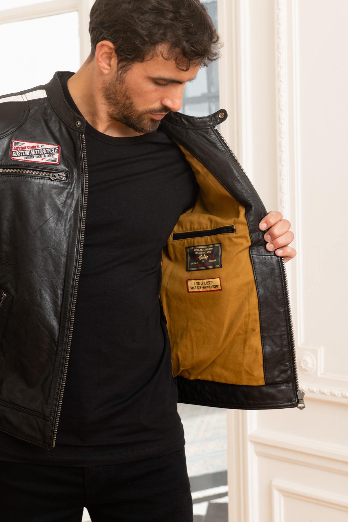 Black sheepskin leather racer jacket - Image n°4