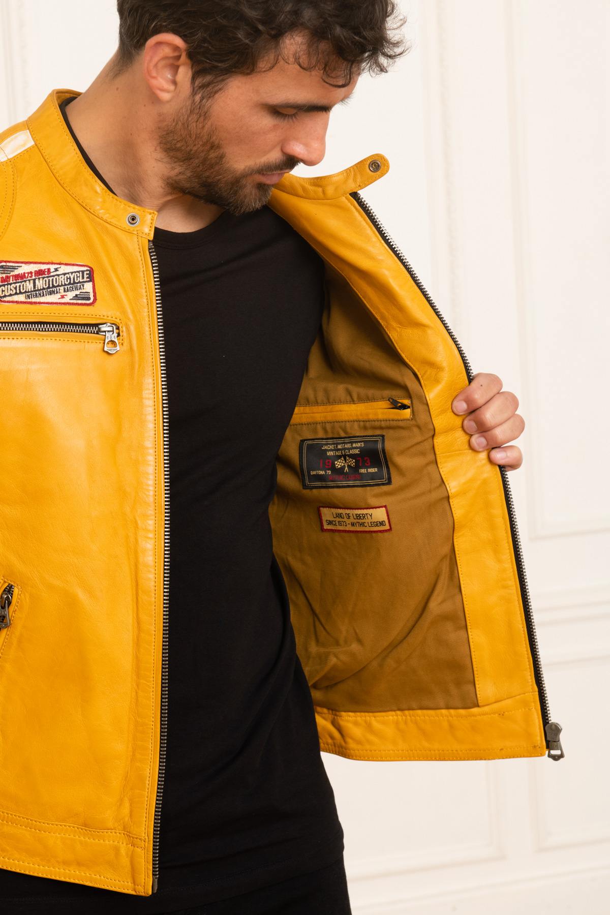 Men's yellow racing sport leather jacket - Image n°4