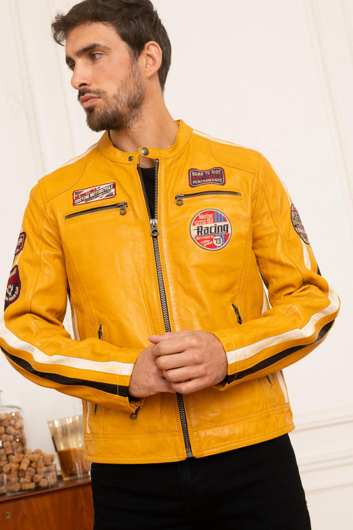 Men's yellow racing sport leather jacket - Image n°3