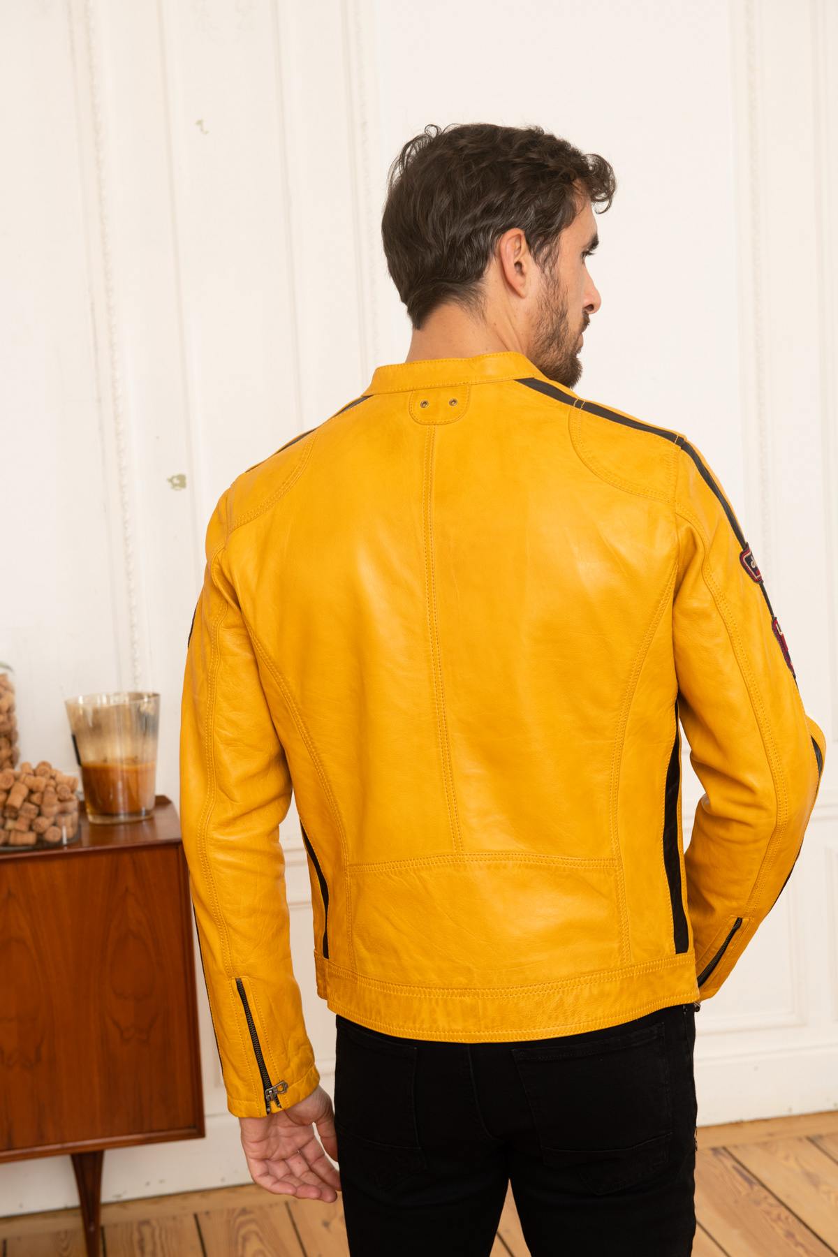 Men's yellow racing sport leather jacket - Image n°5