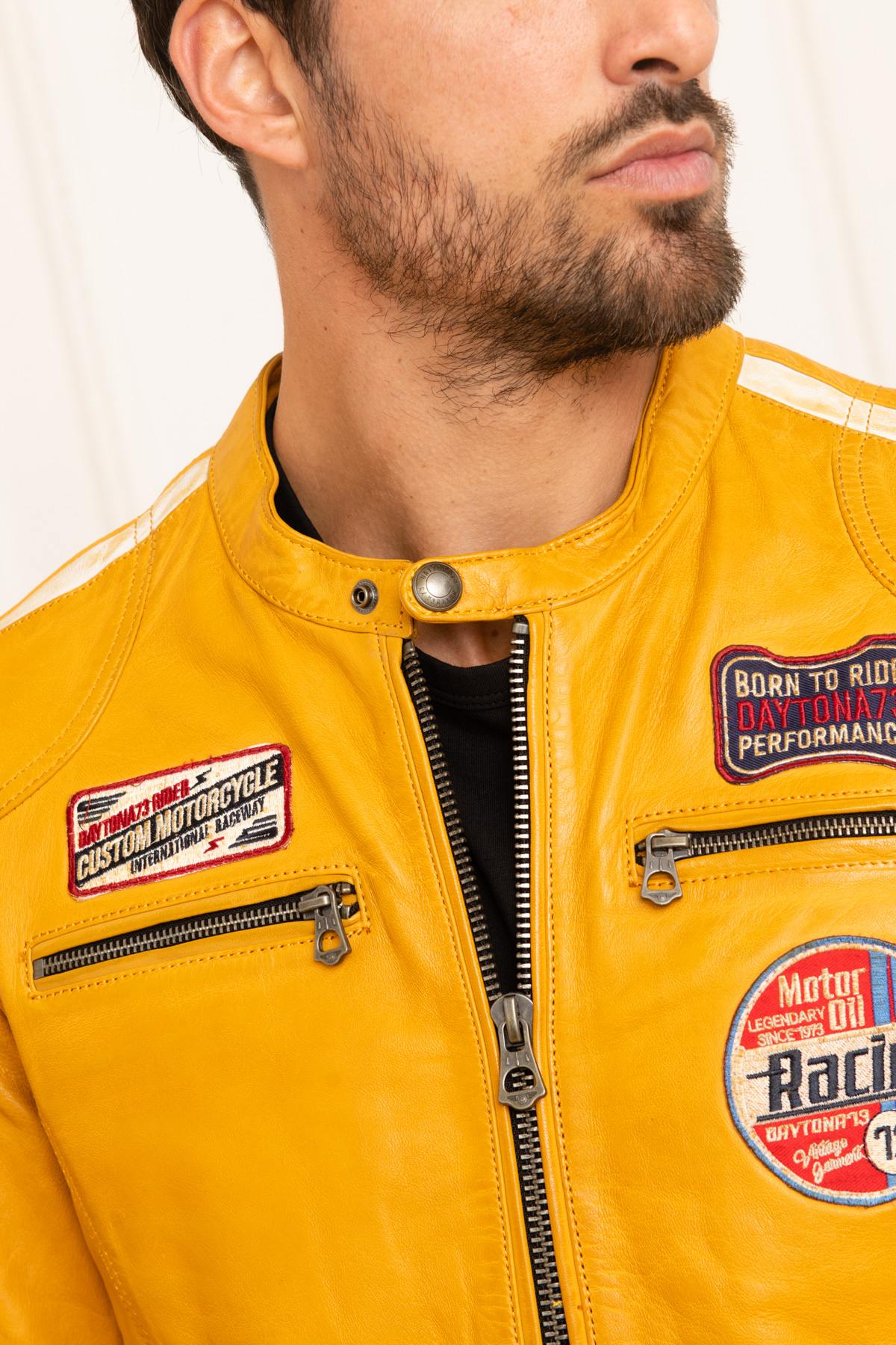 Men's yellow racing sport leather jacket - Image n°6