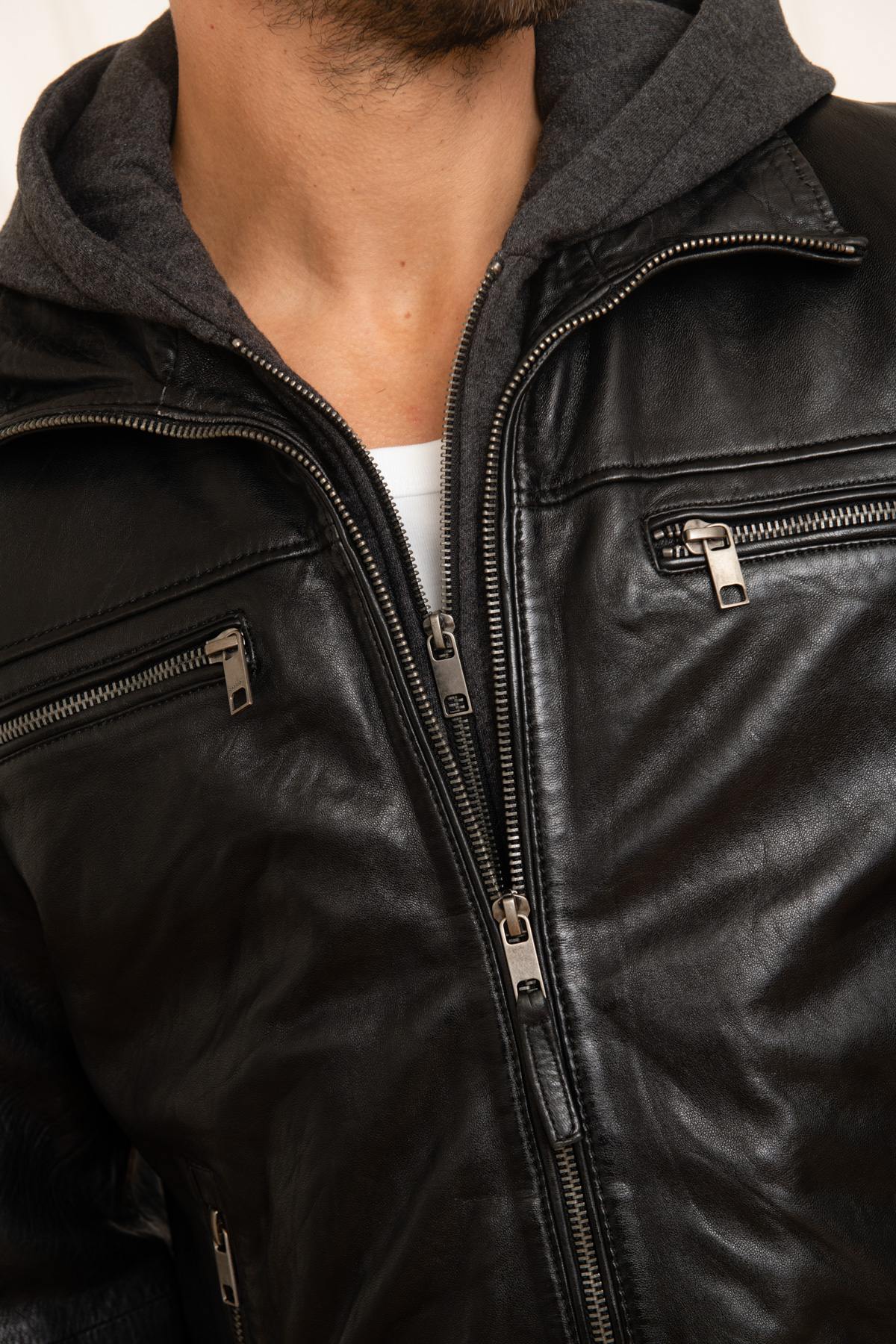 Black leather jacket with cotton hood - Image n°6