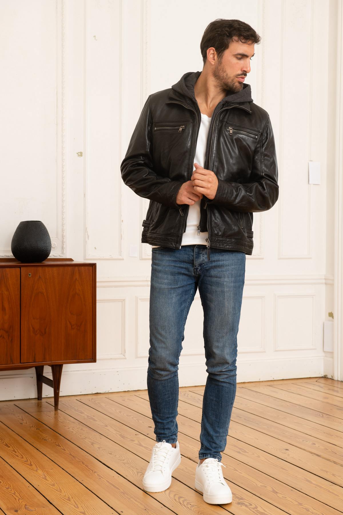 Black leather jacket with cotton hood - Image n°2