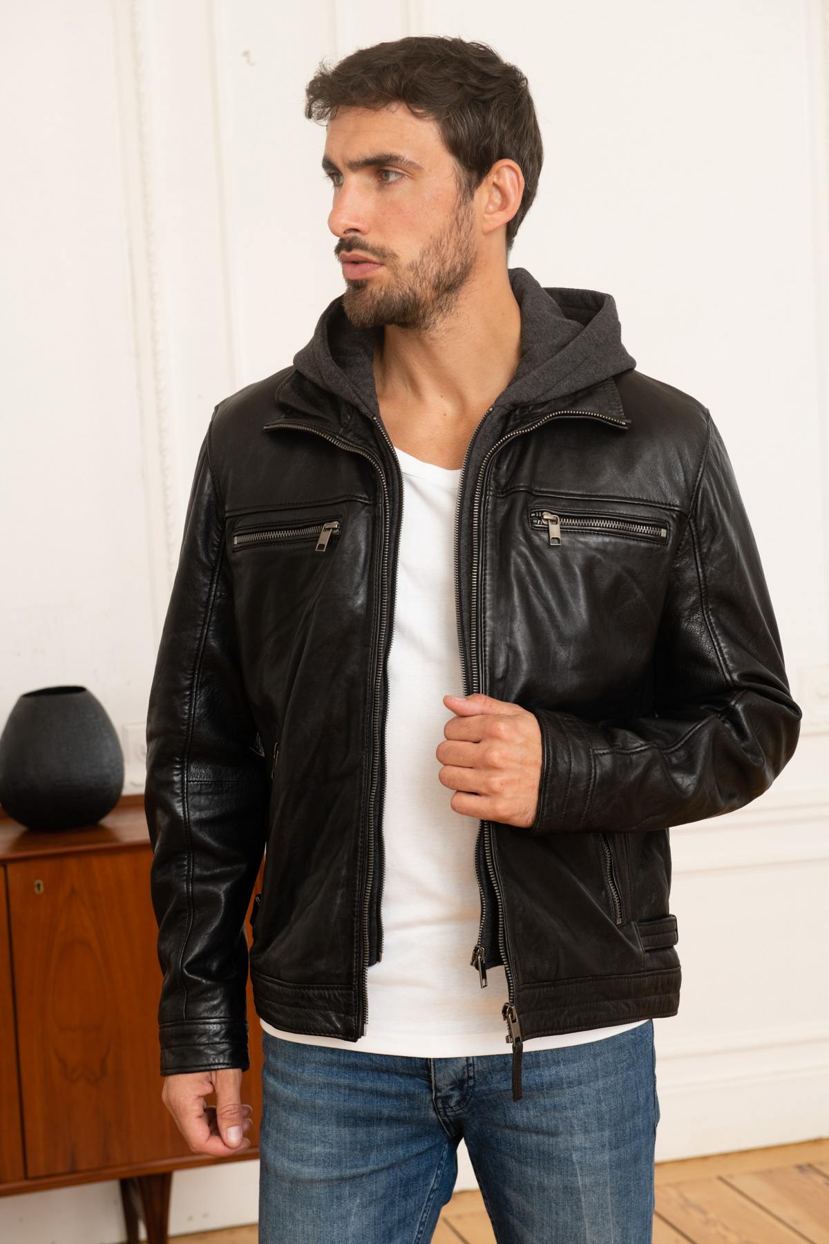 Black leather jacket with cotton hood - Image n°3