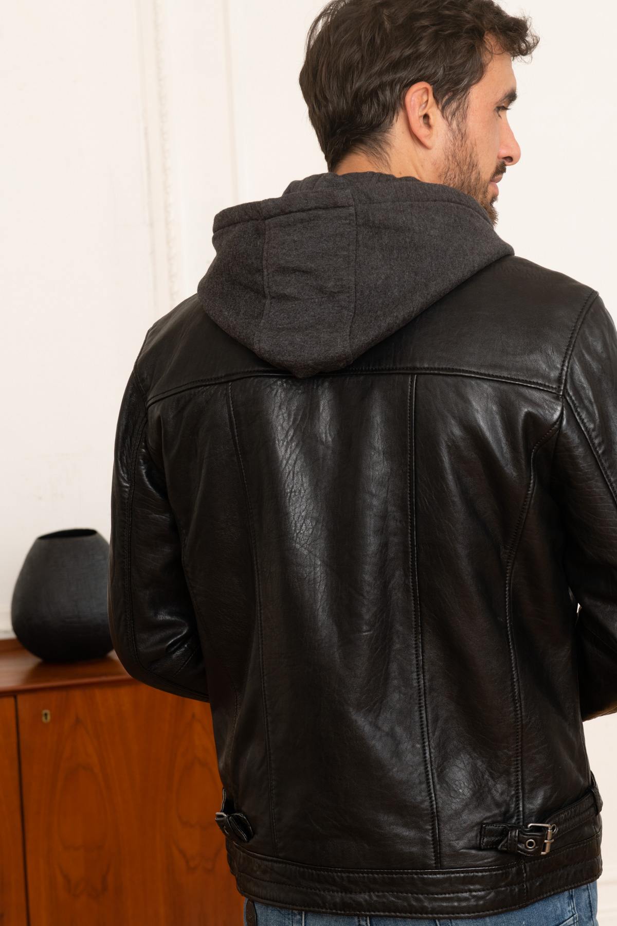 Black leather jacket with cotton hood - Image n°5