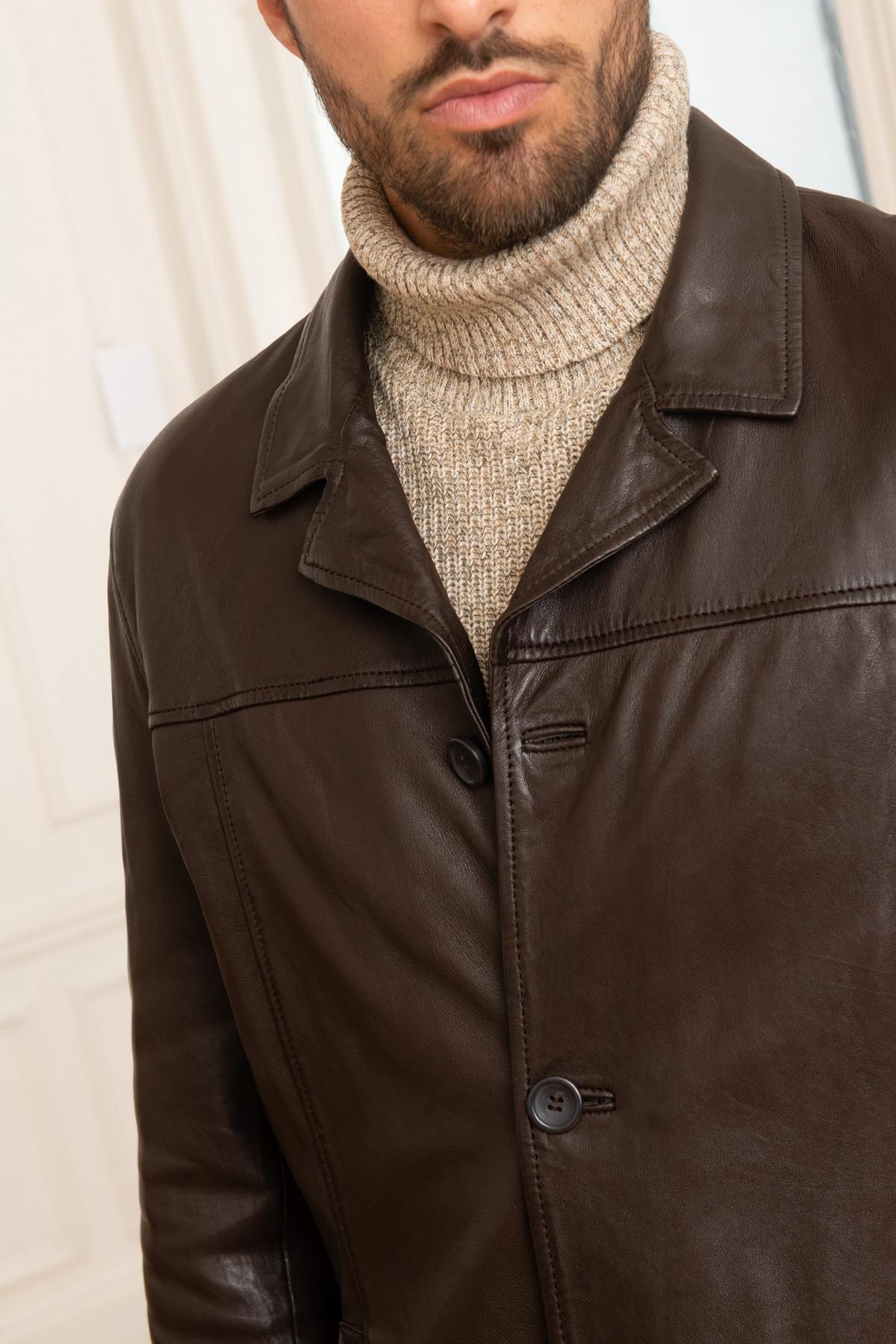 Mid-length brown leather jacket - Image n°6