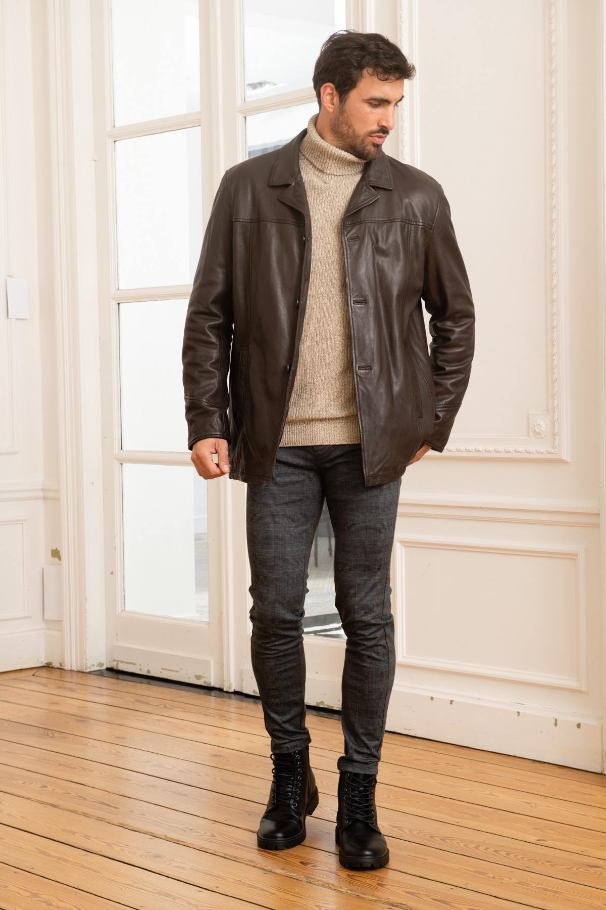 Mid-length brown leather jacket - Image n°2