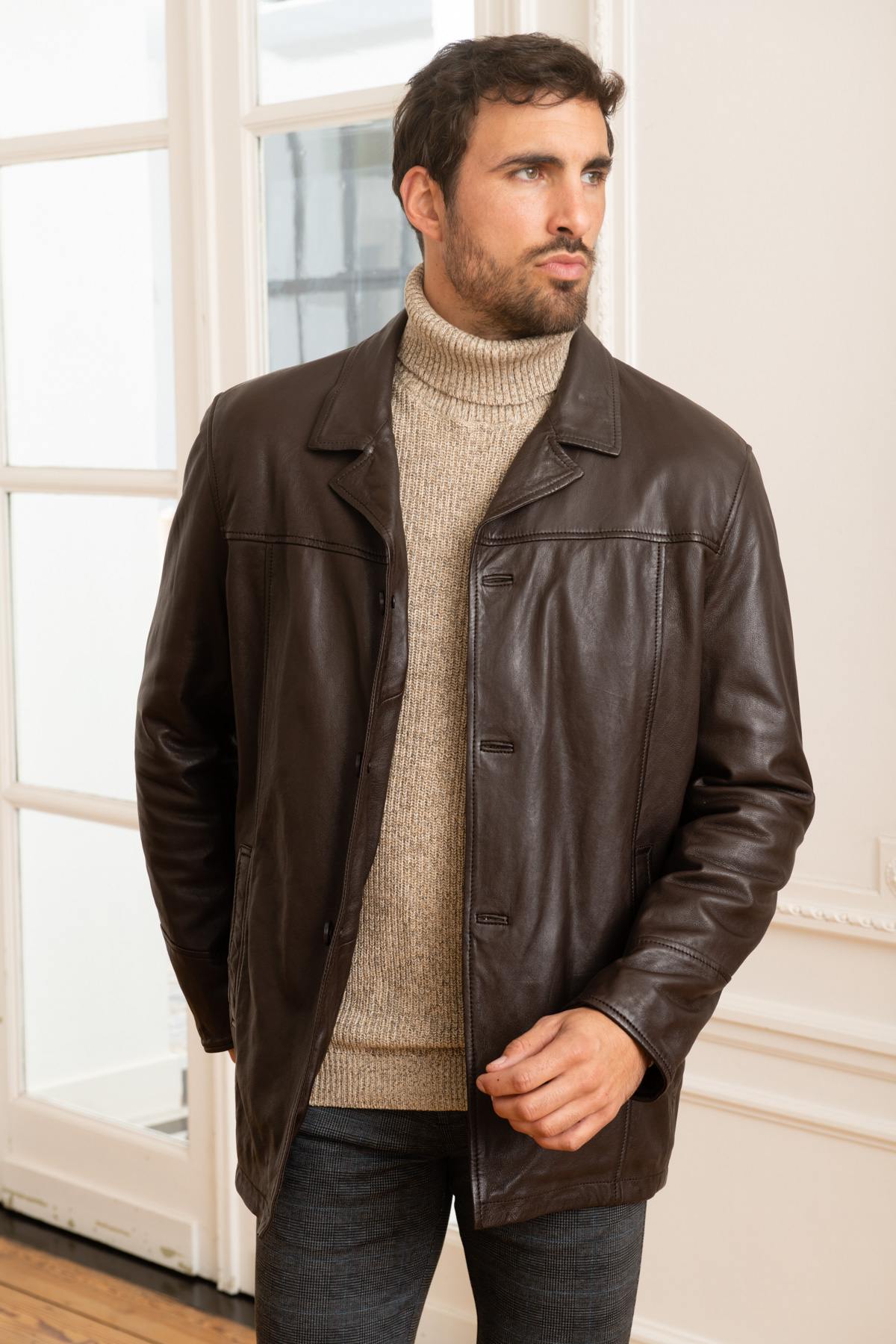 Mid-length brown leather jacket - Image n°3