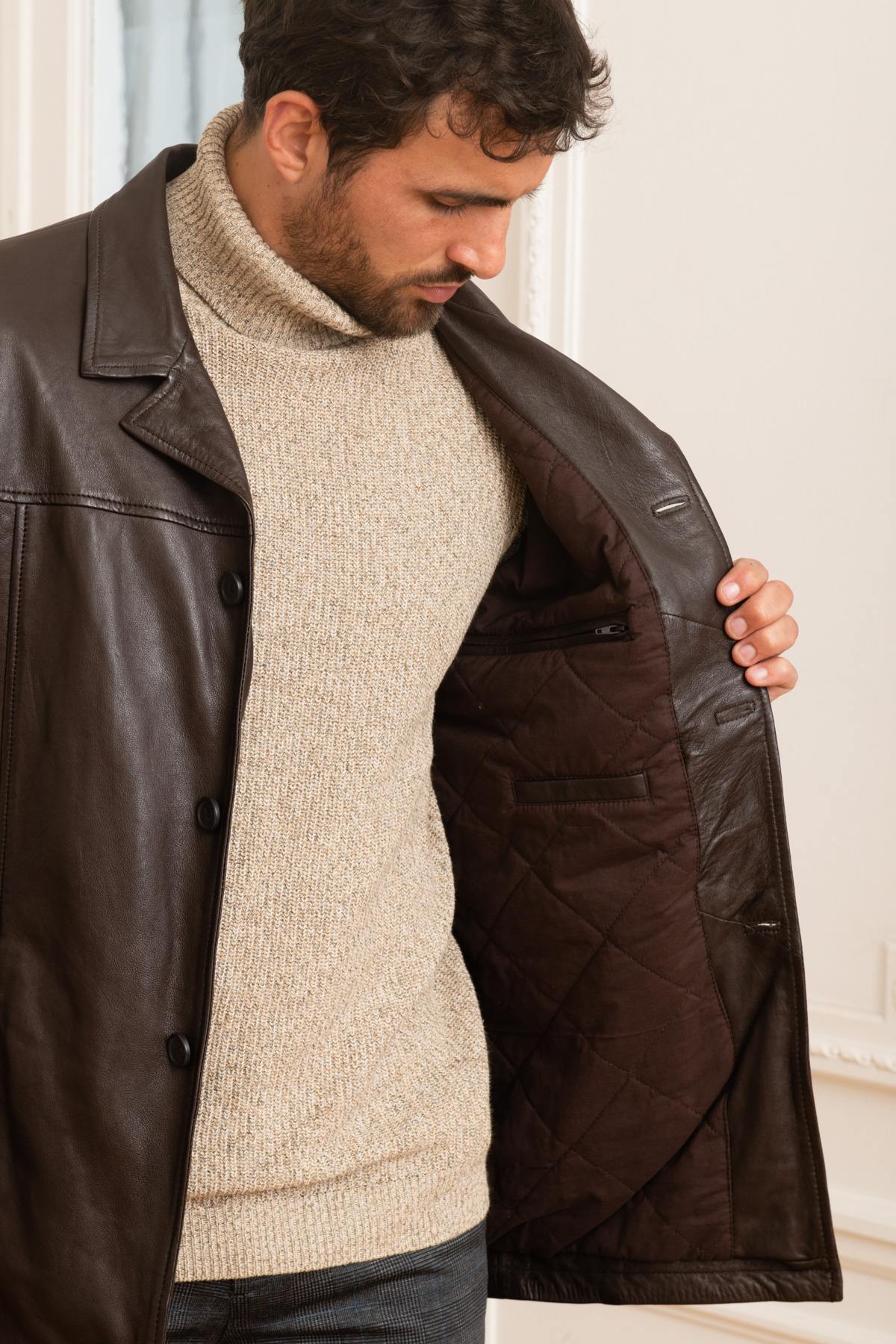 Mid-length brown leather jacket - Image n°4