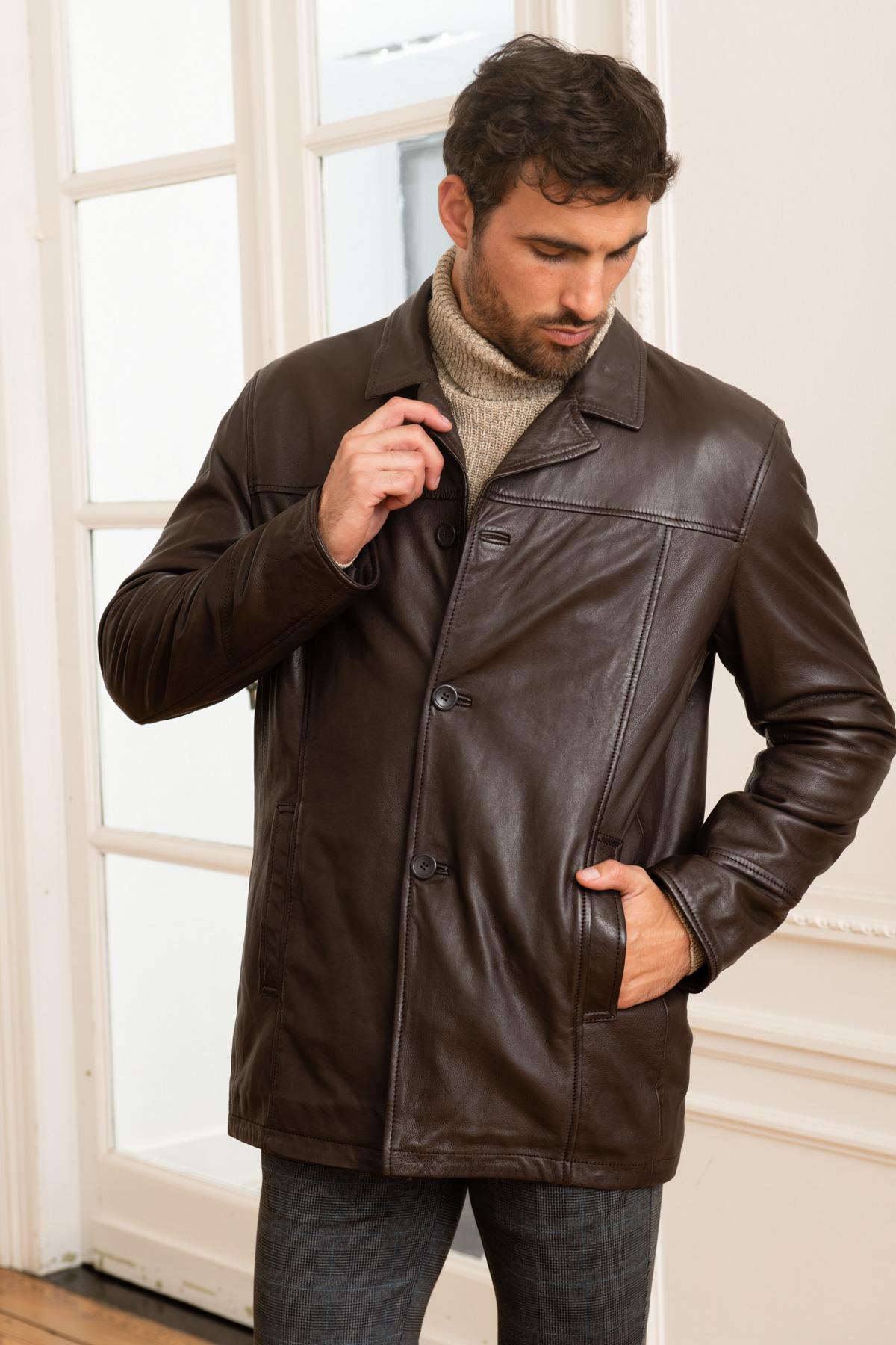 Mid-length brown leather jacket - Image n°1