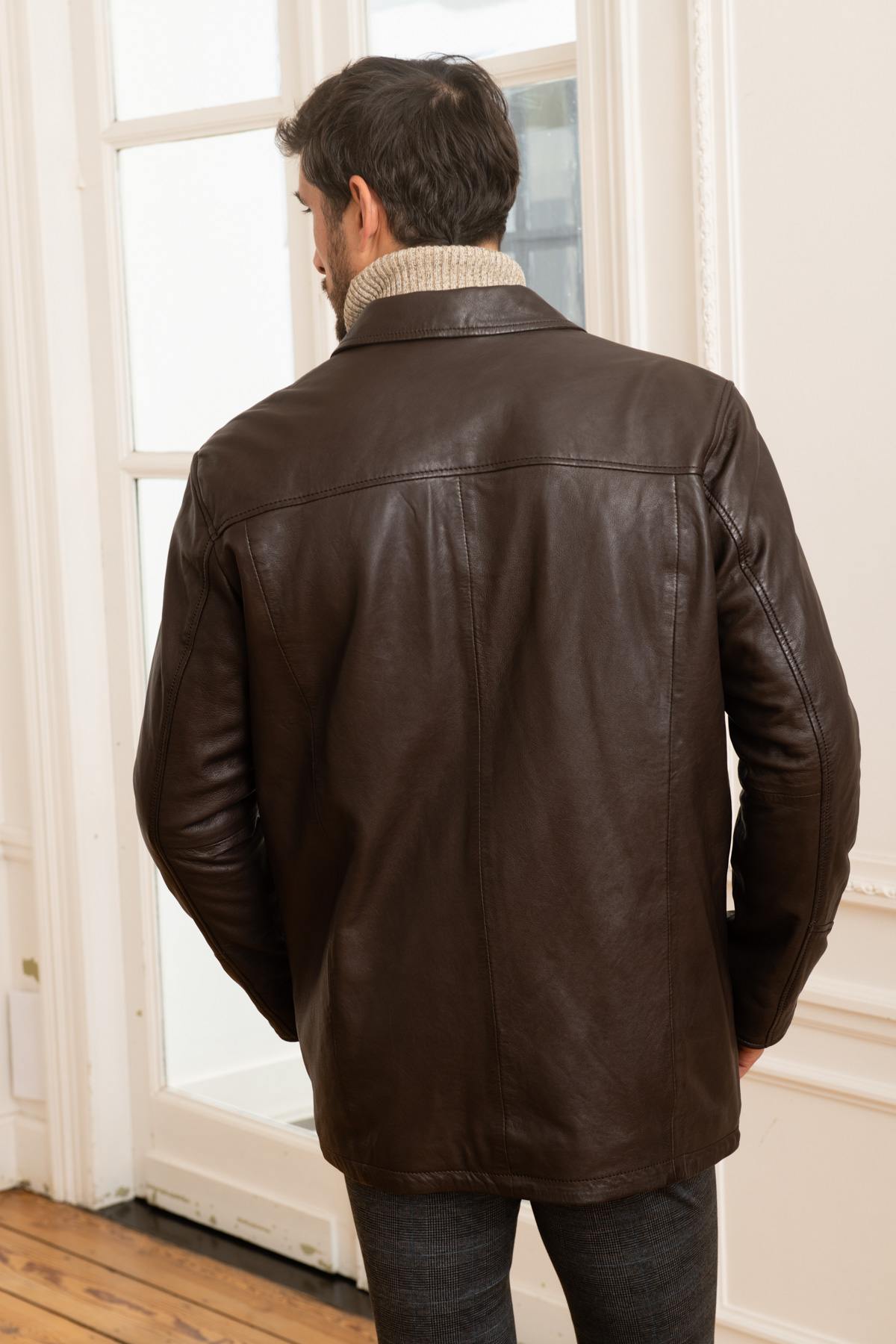 Mid-length brown leather jacket - Image n°5